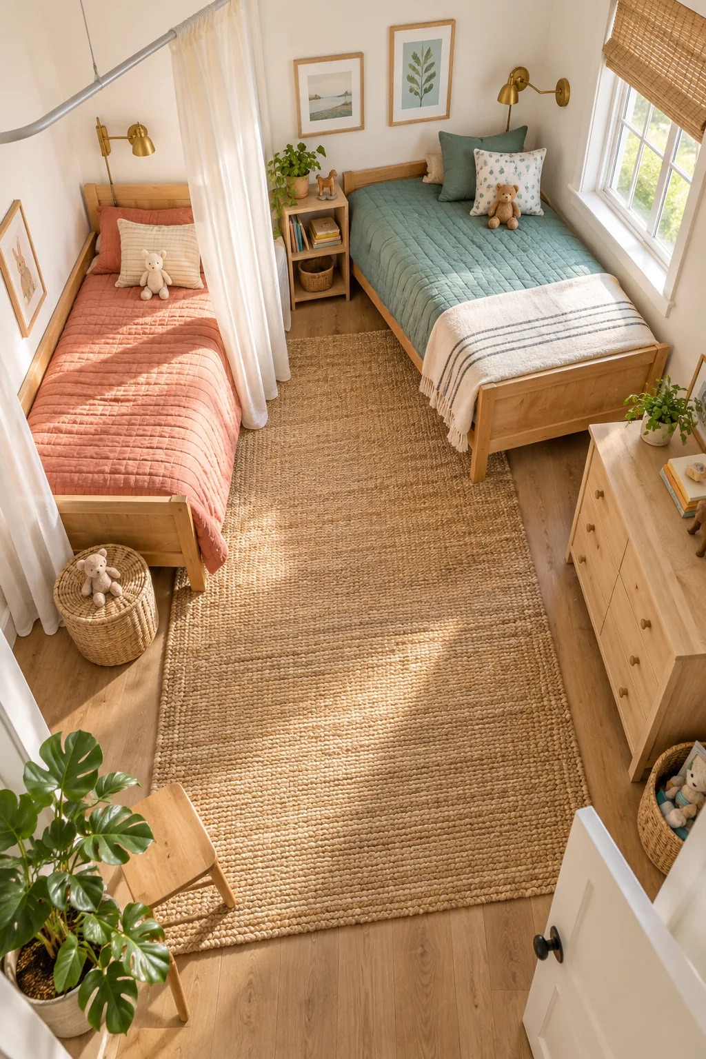 Textured jute rug showing a wide clear walkway between a wooden bed frame and an oak dresser.