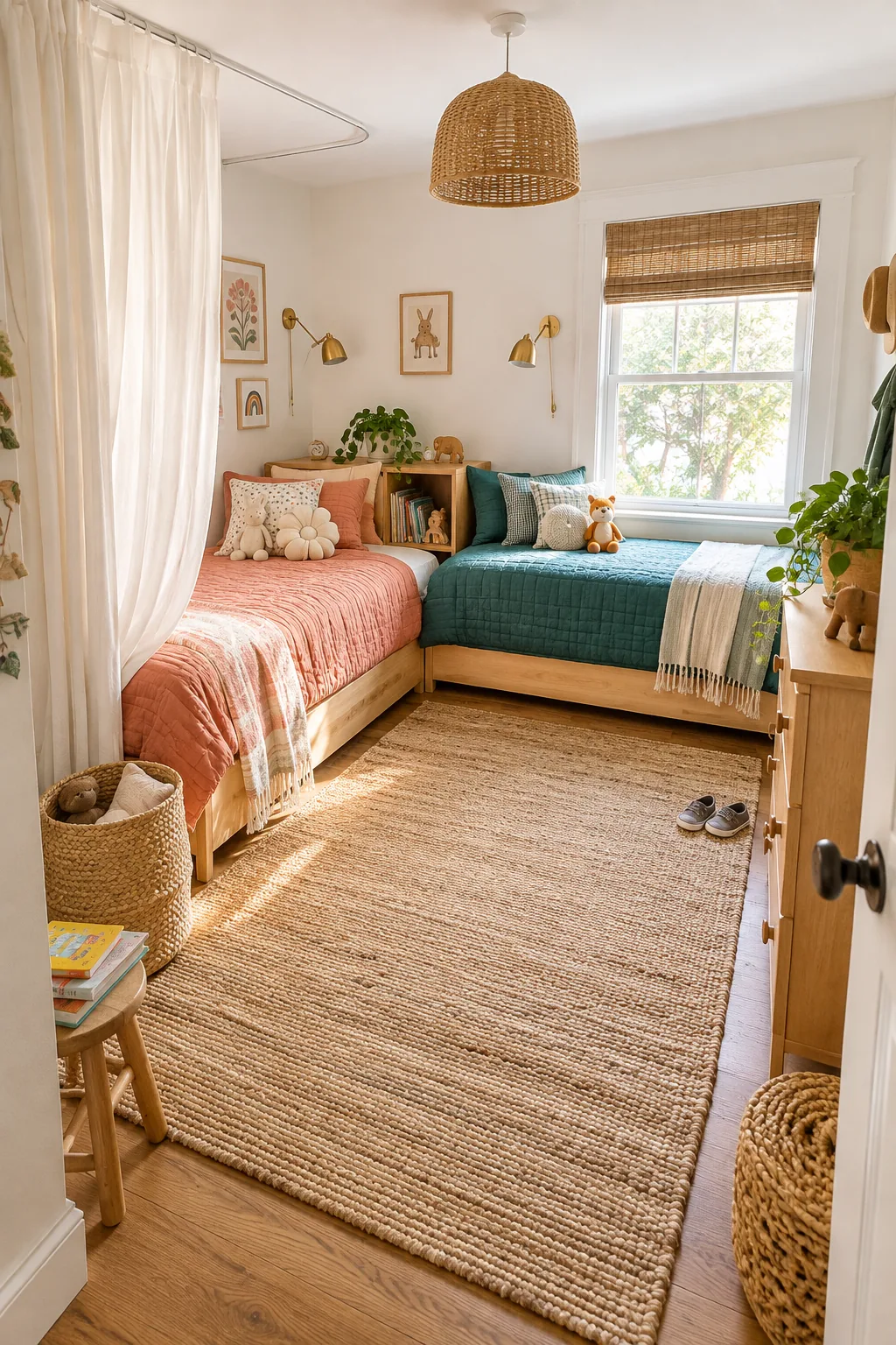 Overhead view of a small kids bedroom showing an L-shaped bed layout and a central rug.
