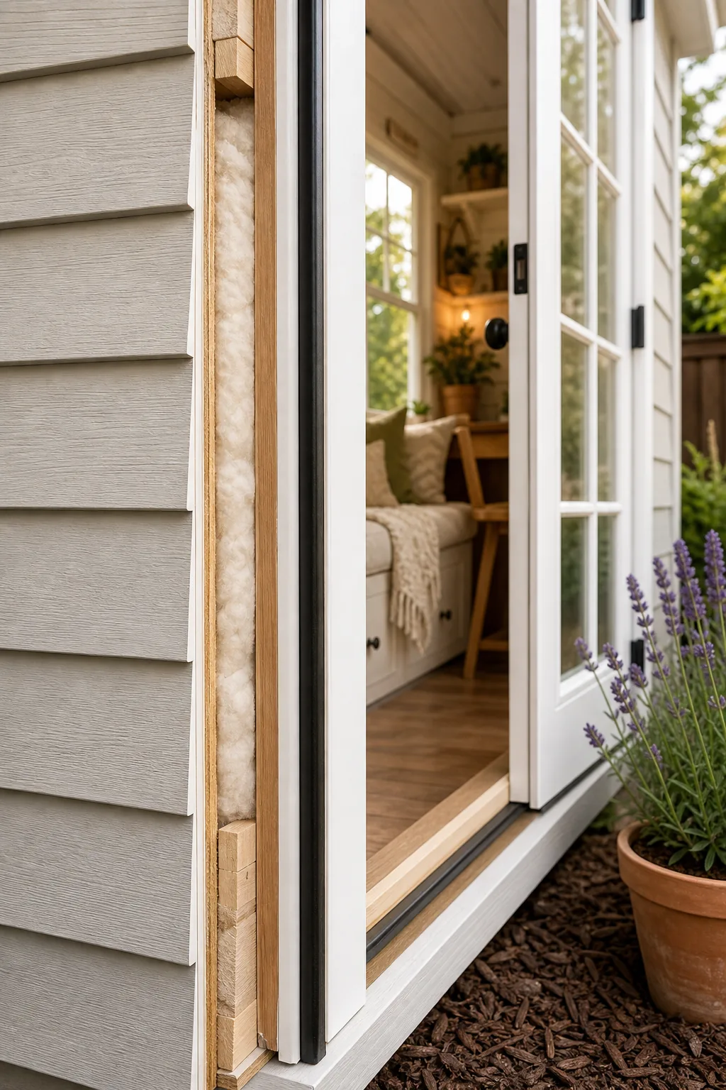 Close-up of an open shed door frame revealing thick insulated walls and weatherstripping.