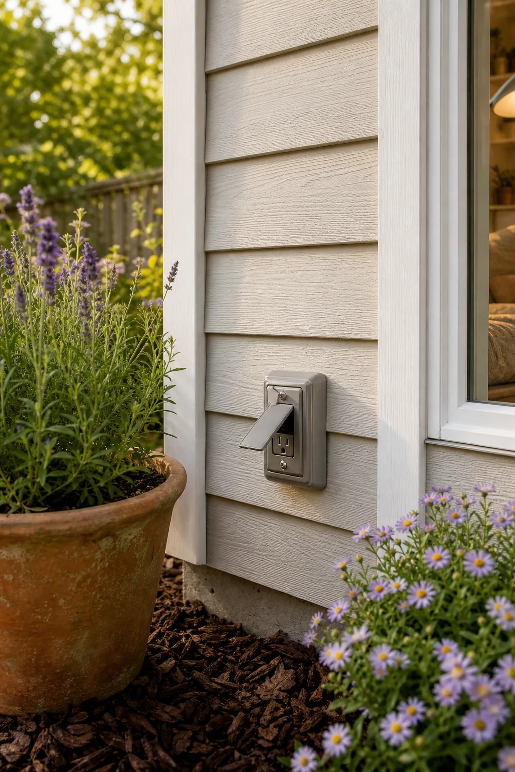 A covered weatherproof electrical outlet installed at the base of a painted shed exterior.
