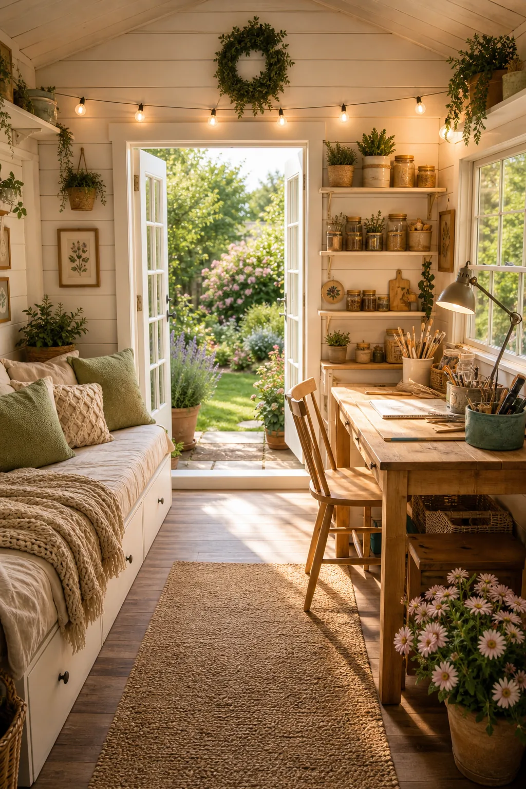 Interior view of a she shed looking out through large French doors into a garden.