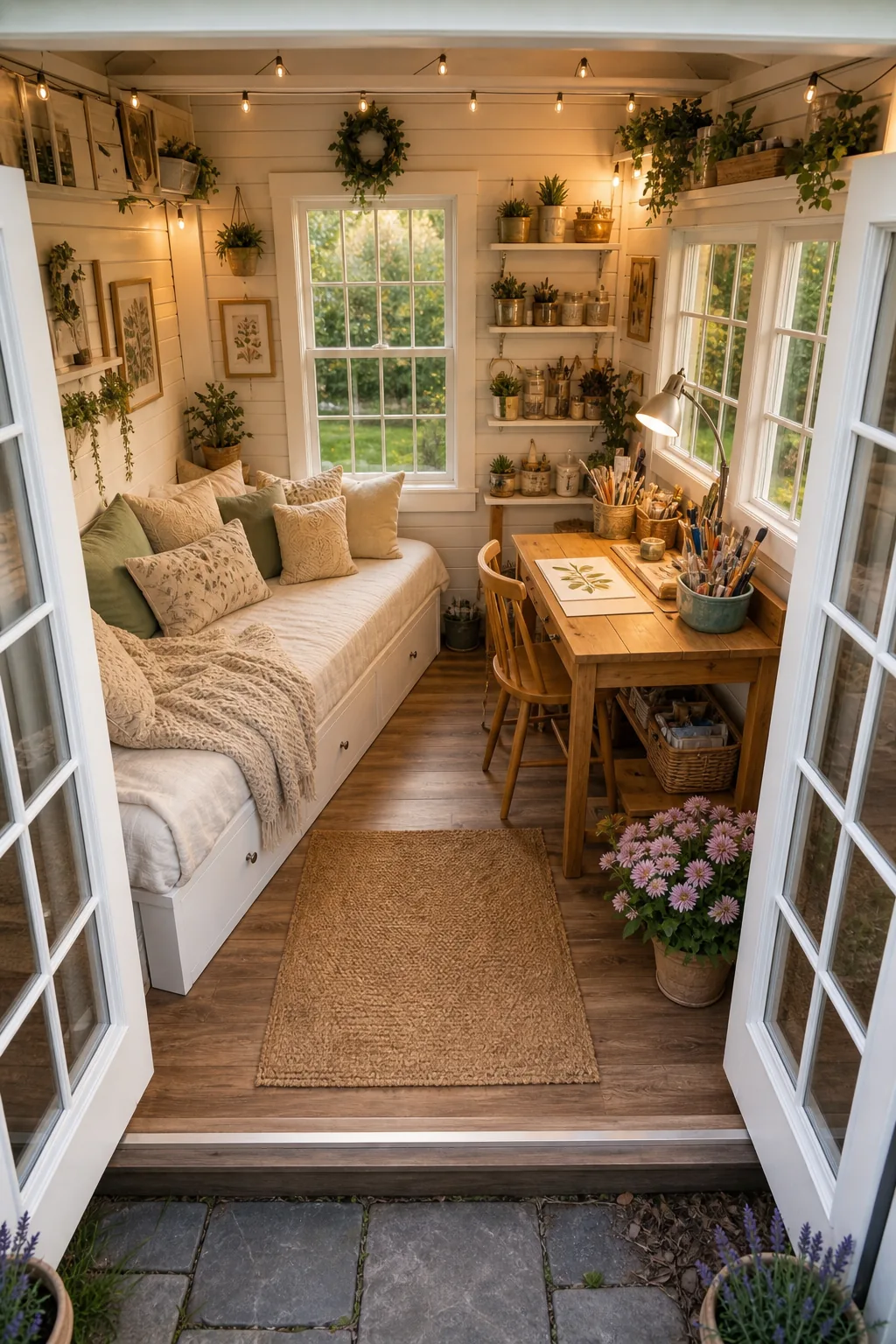 Elevated view of a she shed interior showing a desk and daybed arrangement.
