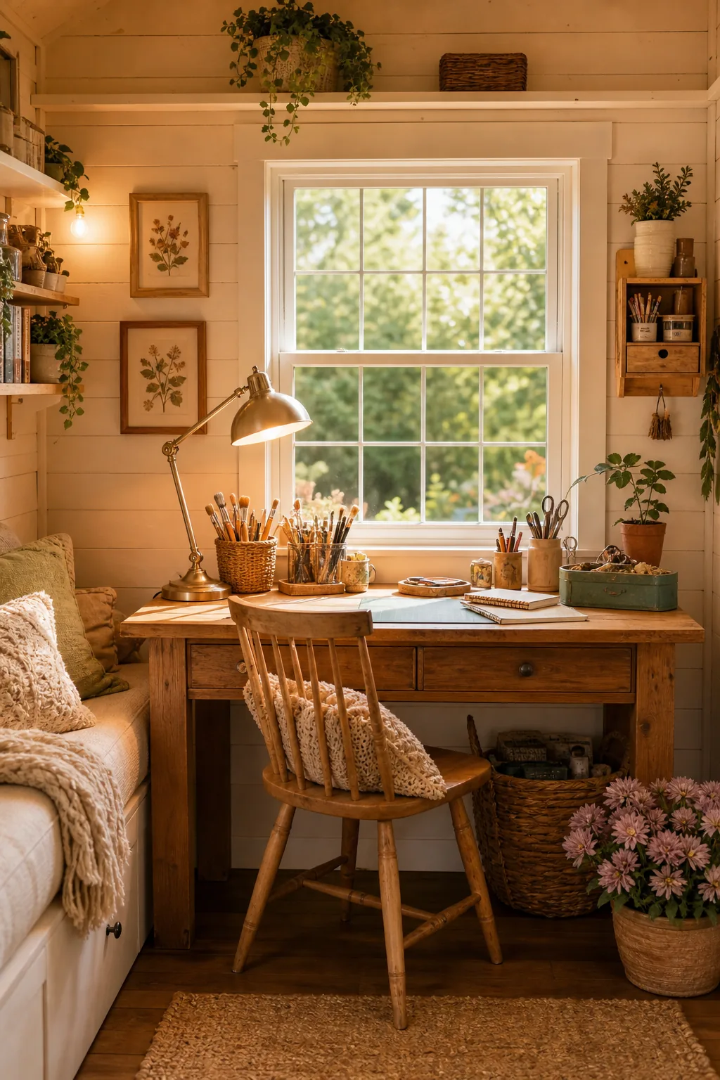 A small wooden craft desk set up under a bright window with art supplies.