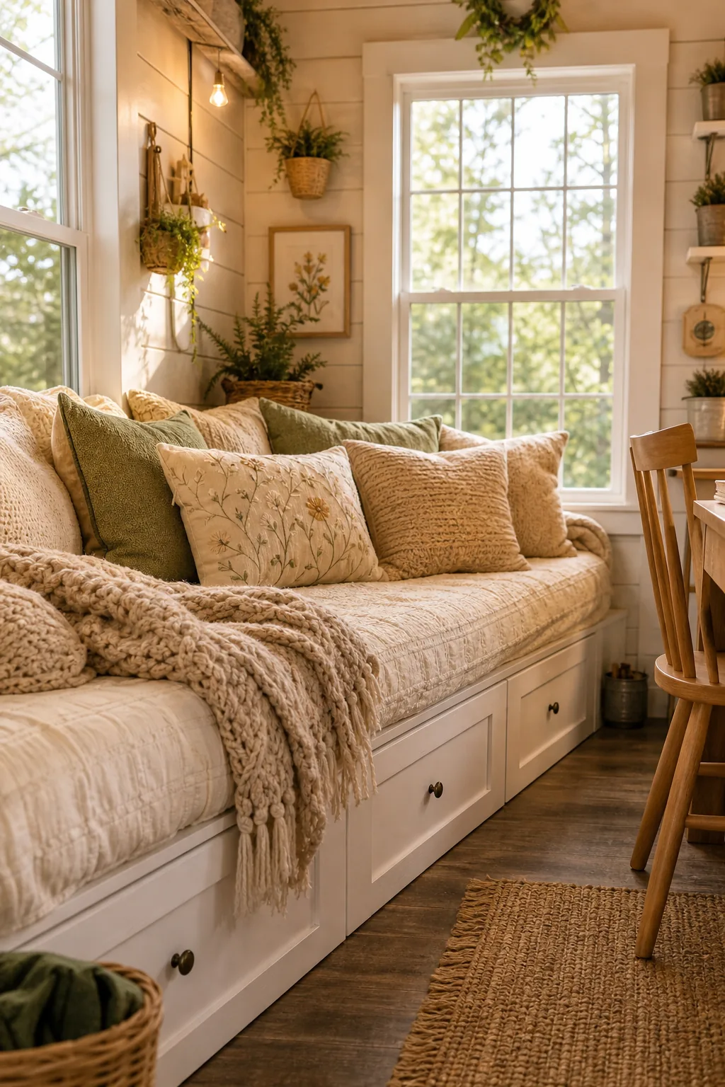 A cozy daybed filled with pillows and a throw blanket inside a shed.