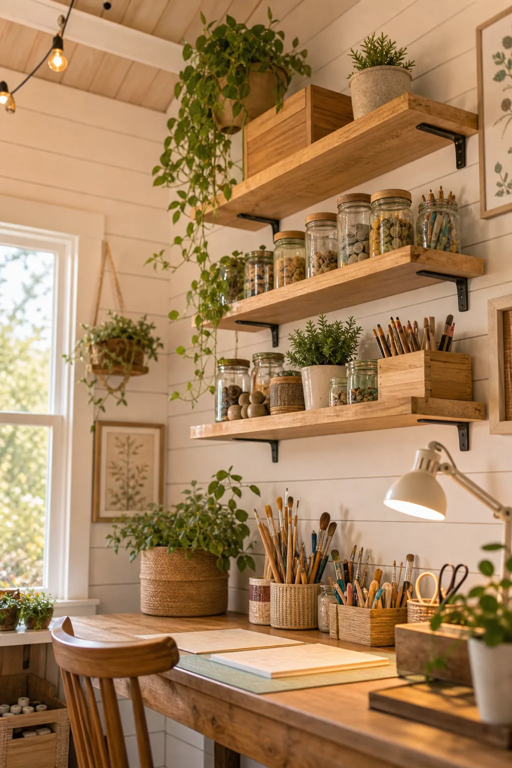 Floating wooden shelves above a desk holding organized craft jars and trailing plants.