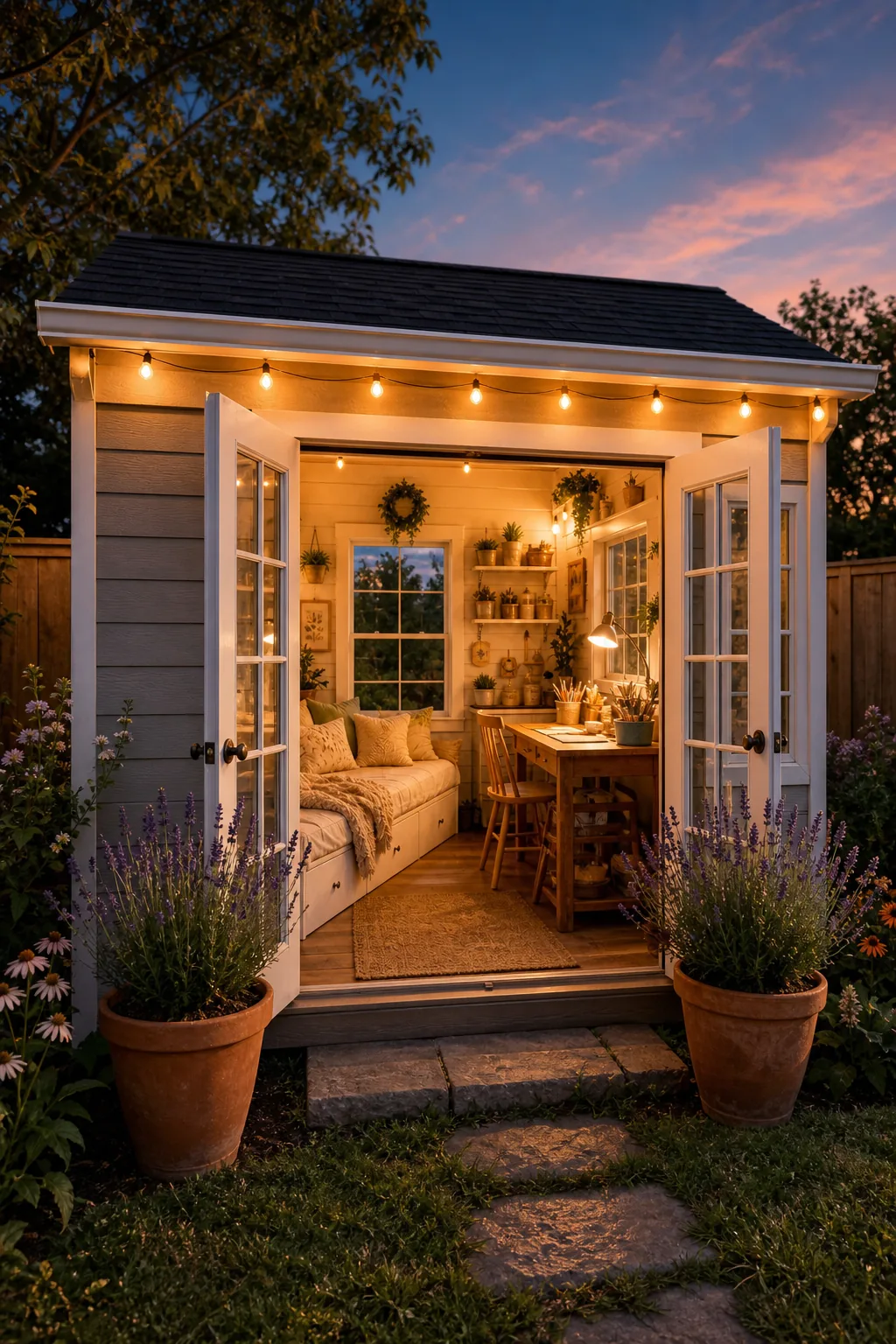 A glowing she shed at dusk with string lights and potted lavender by the doors.
