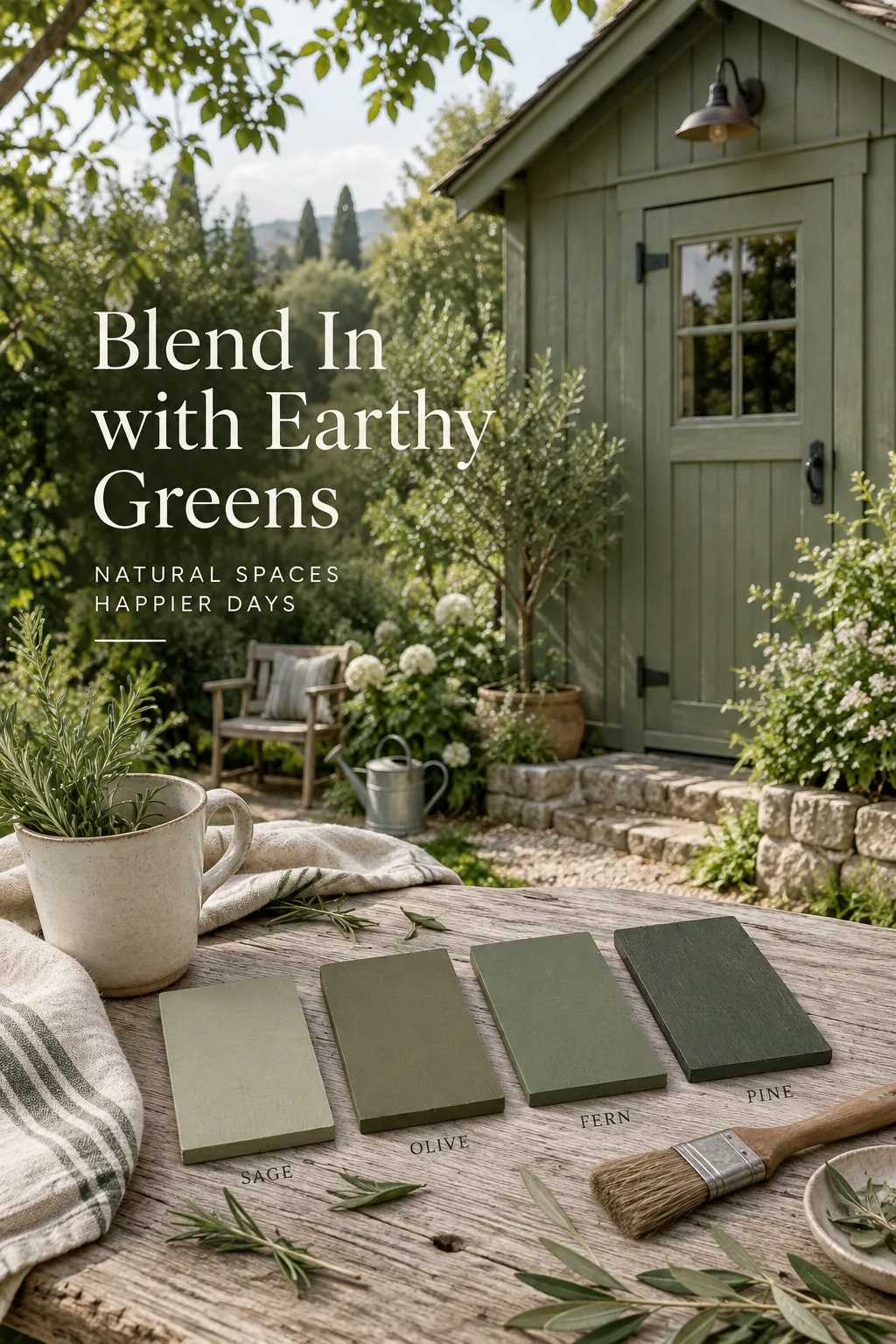 A garden shed painted in soft olive green with darker forest green doors