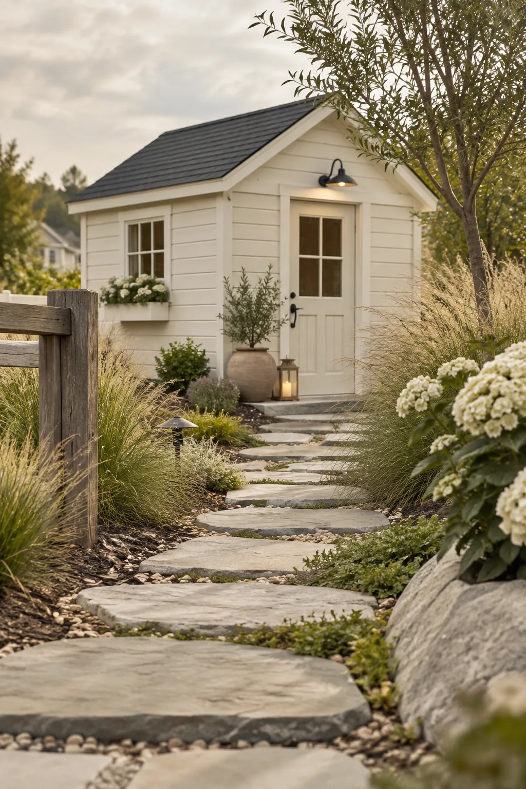 A creamy off-white shed with a dark gray shingle roof