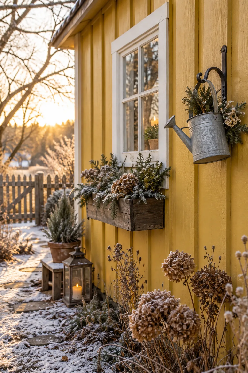A cozy shed painted in muted mustard yellow with crisp white trim