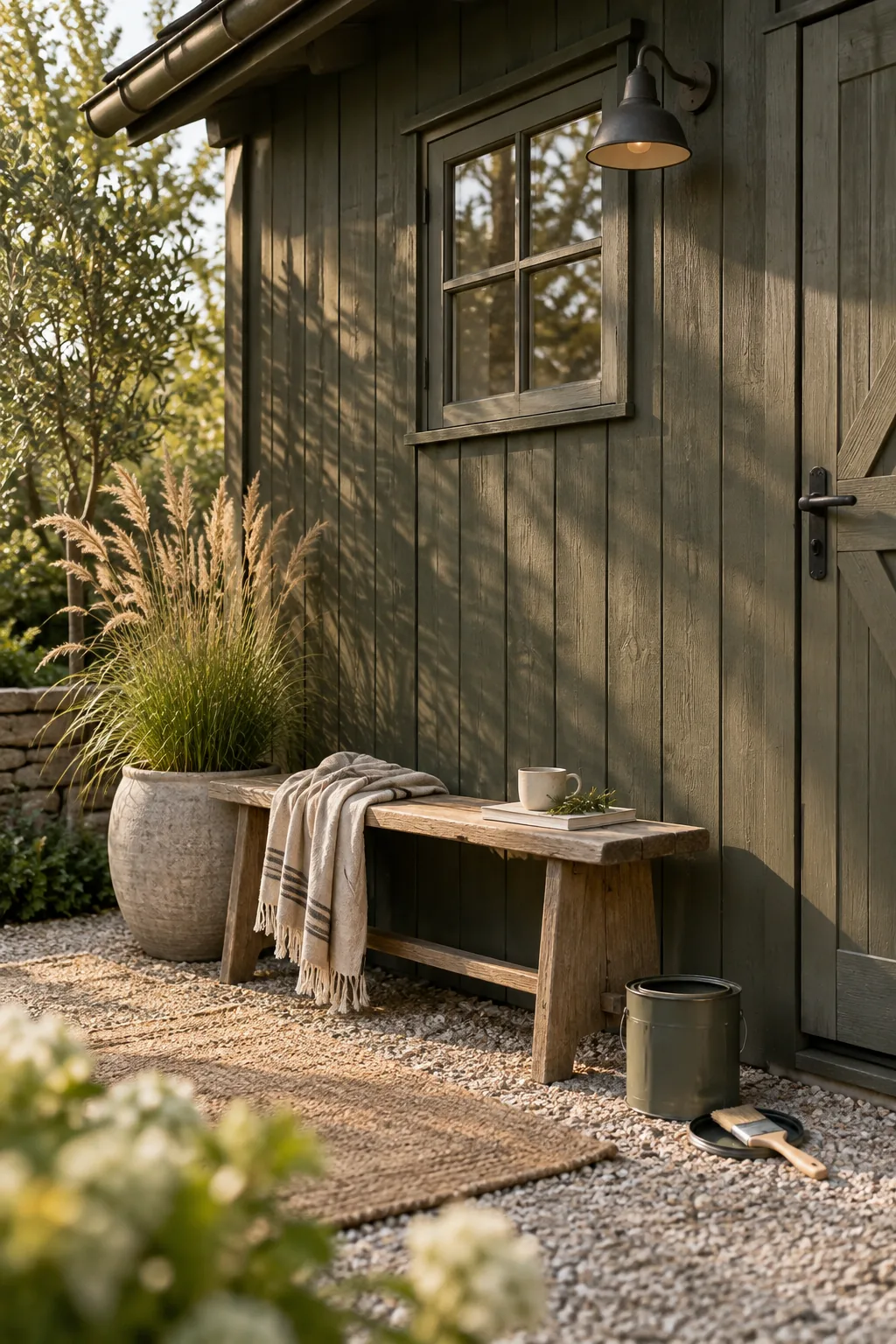 A wooden shed treated with a solid slate gray stain