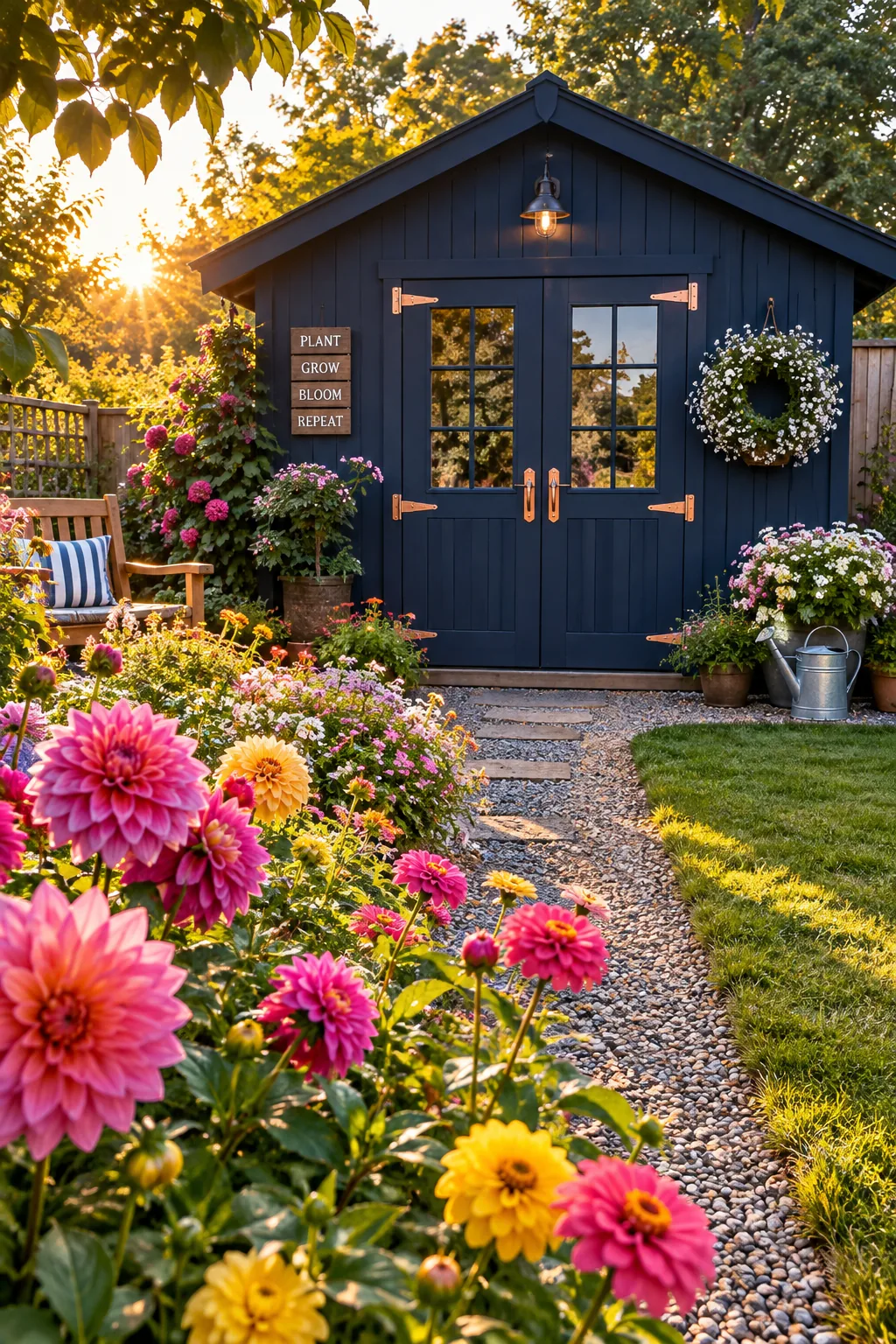 A navy blue shed featuring shiny copper door hinges and handles