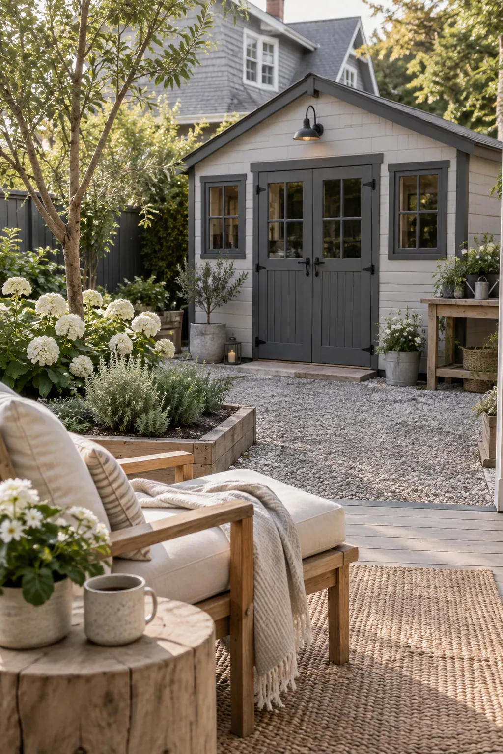 A shed painted light gray with dark charcoal gray trim around the roof and doors