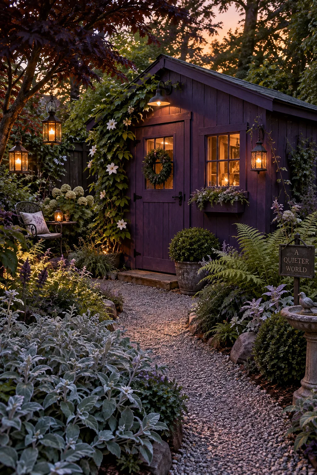 A backyard shed painted deep plum purple surrounded by string lights