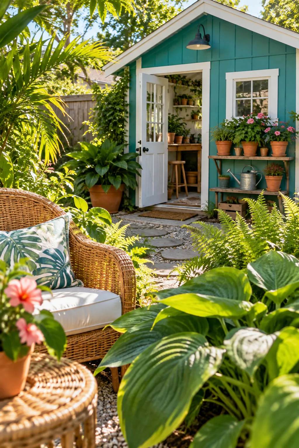 A bright teal shed sitting behind large leafy green hosta plants