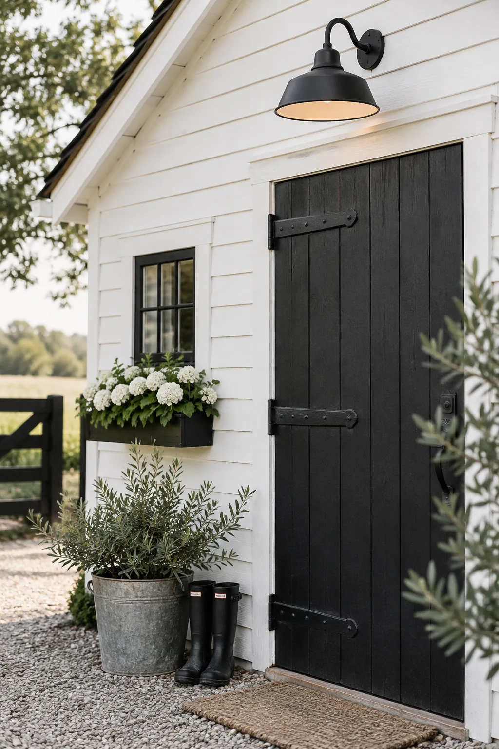 A white shed with a black door and a vintage barn light above it
