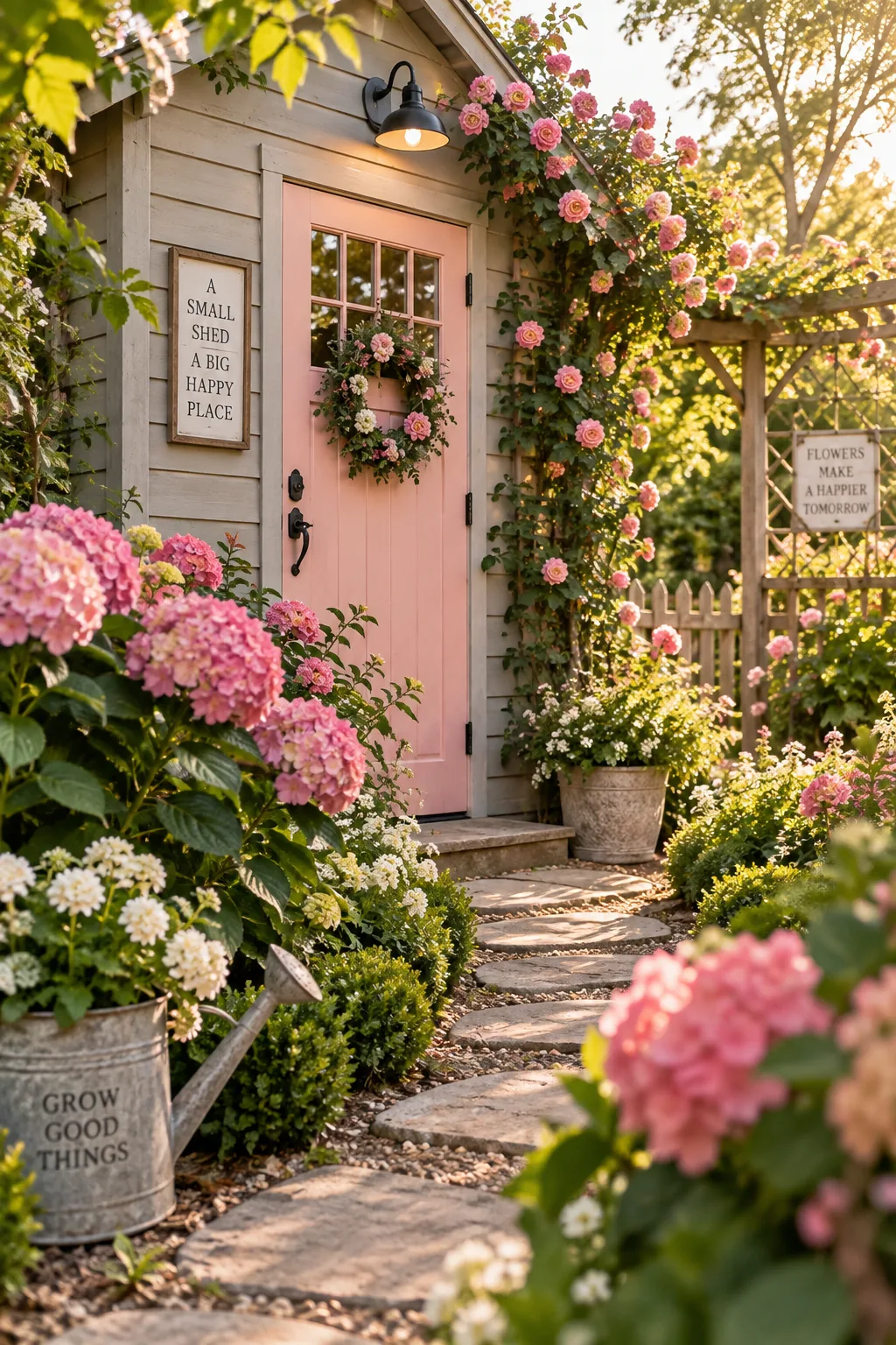 A light gray shed with a blush pink door next to blooming hydrangeas