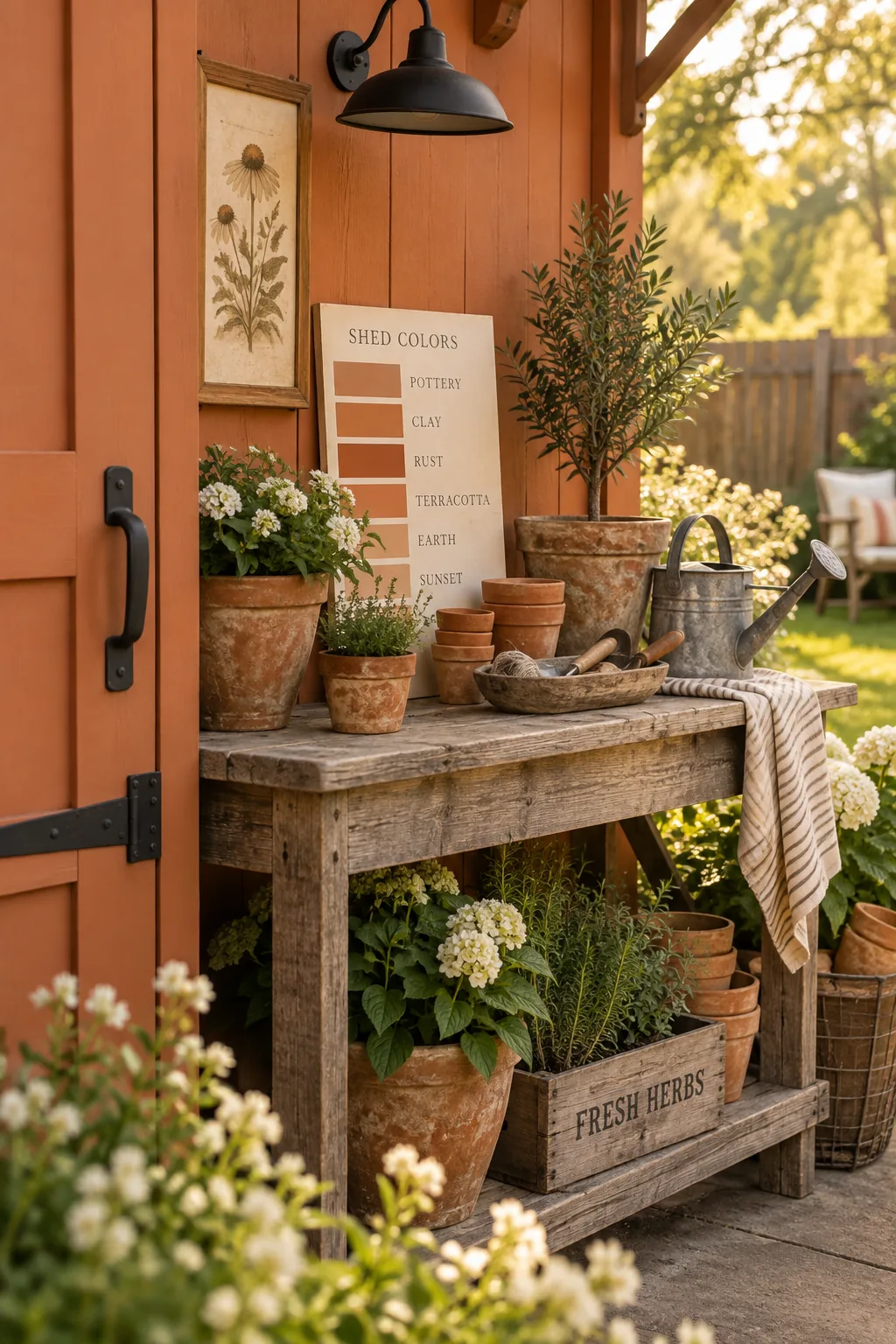 A terracotta orange shed with matte black handles and hinges