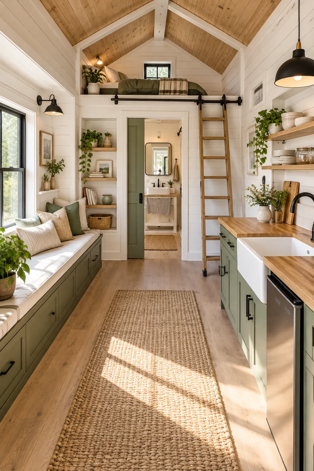 A bright tiny home interior with white shiplap walls, light oak floors, and matte black hardware.
