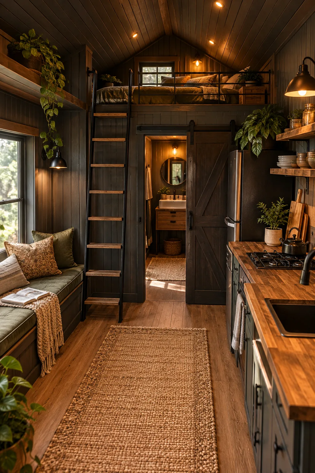 A cozy, dark-toned tiny home interior with charcoal beadboard walls and walnut butcher block counters.