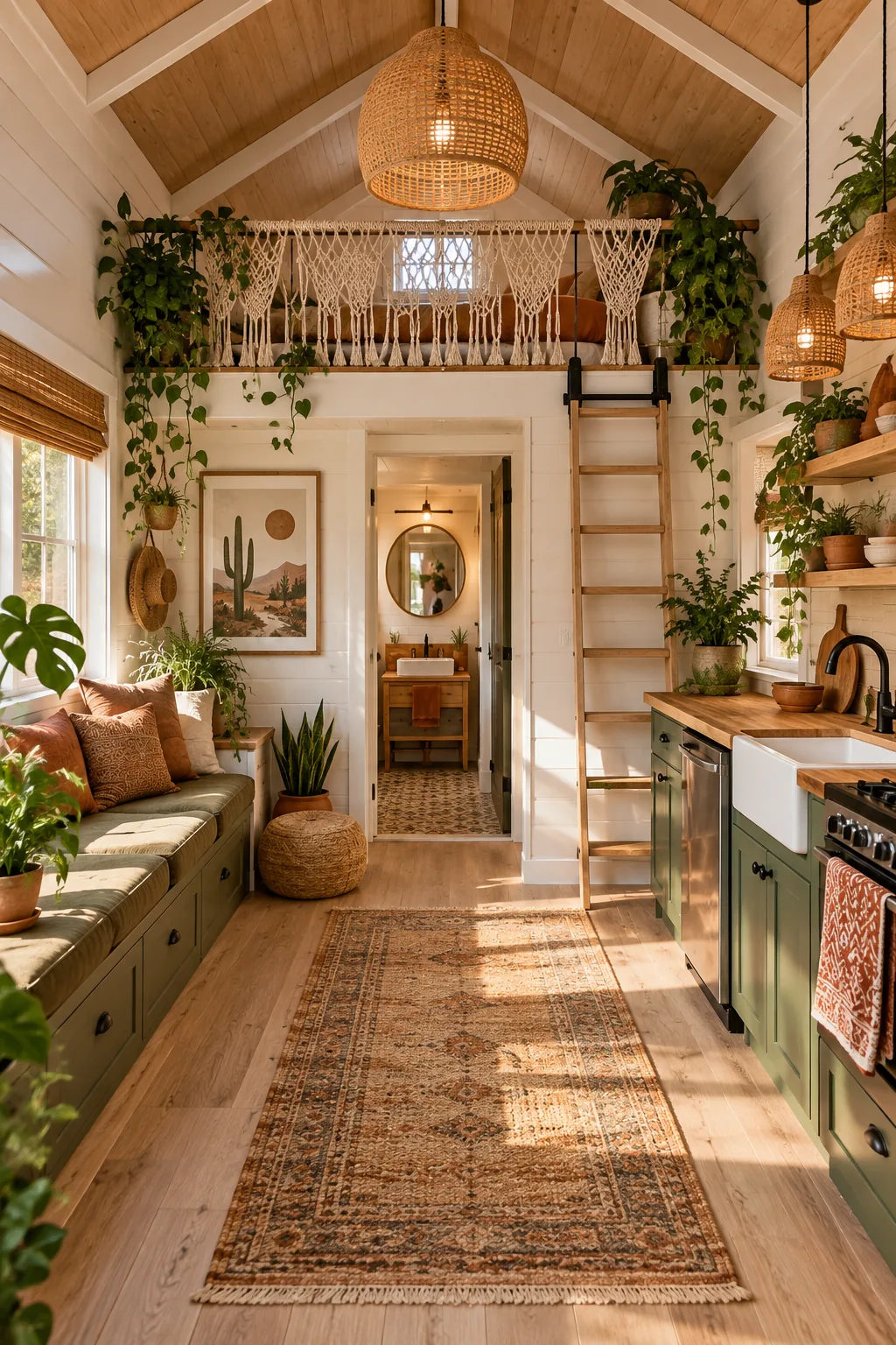 A bohemian tiny home interior featuring terracotta accents, rattan lighting, and trailing plants.
