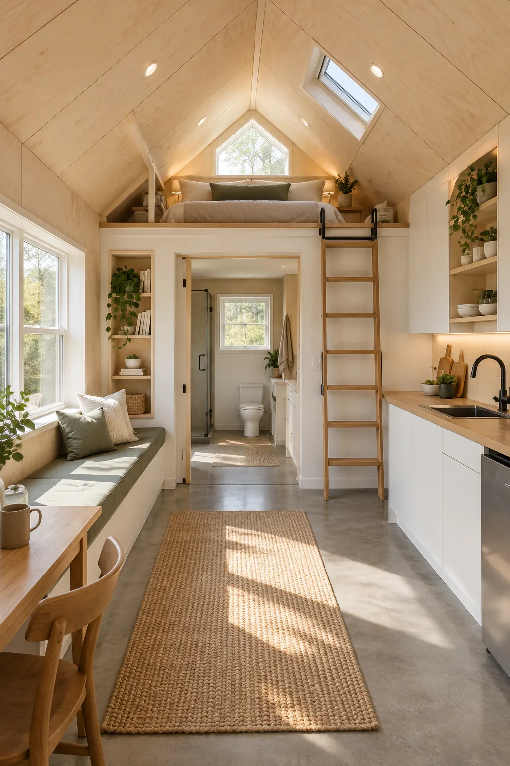 A minimalist Scandinavian tiny home interior with pale birch paneling and handleless white cabinets.