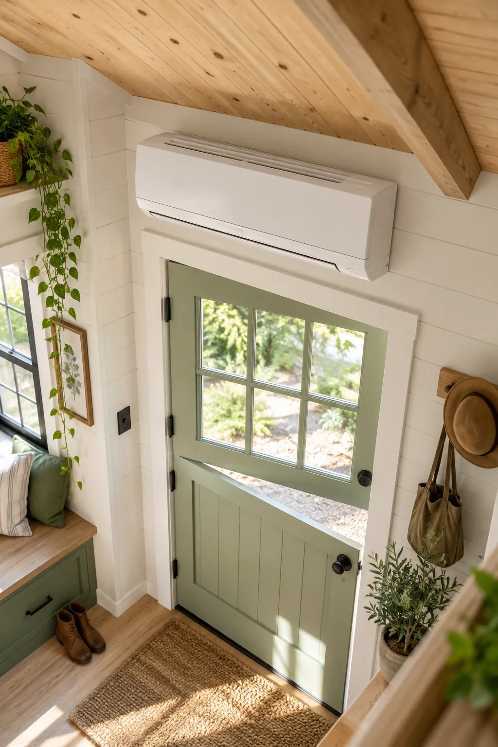 A white ductless mini-split air conditioner mounted on a shiplap wall just above a Dutch door.