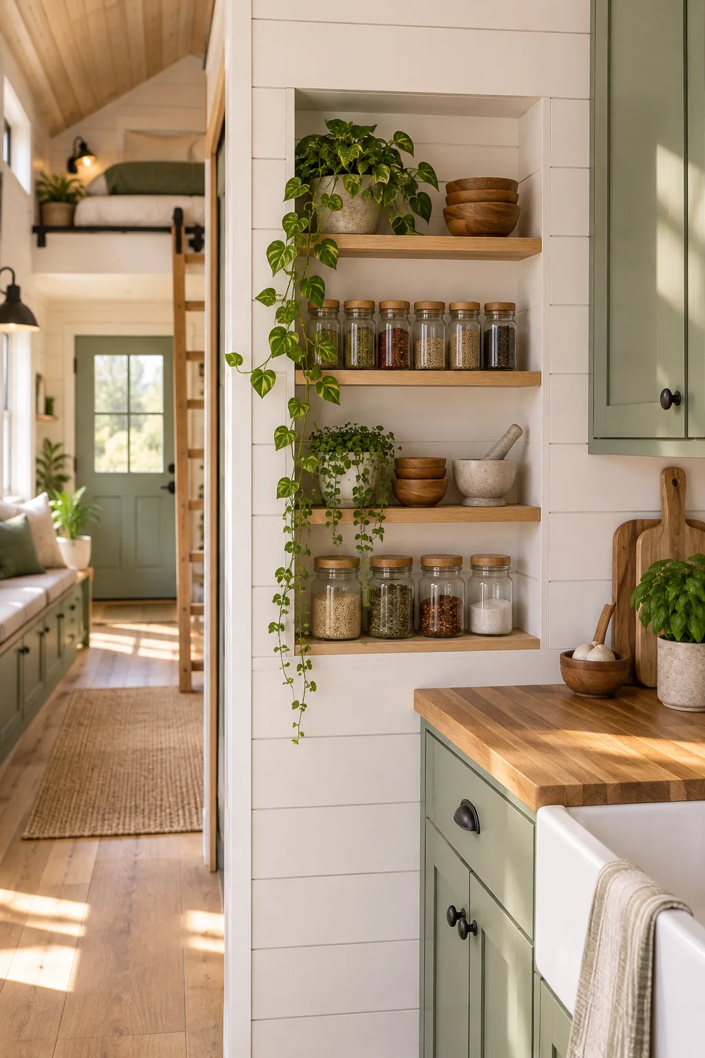 Shallow recessed shelves built into a white wall, styled with glass spice jars and small plants.