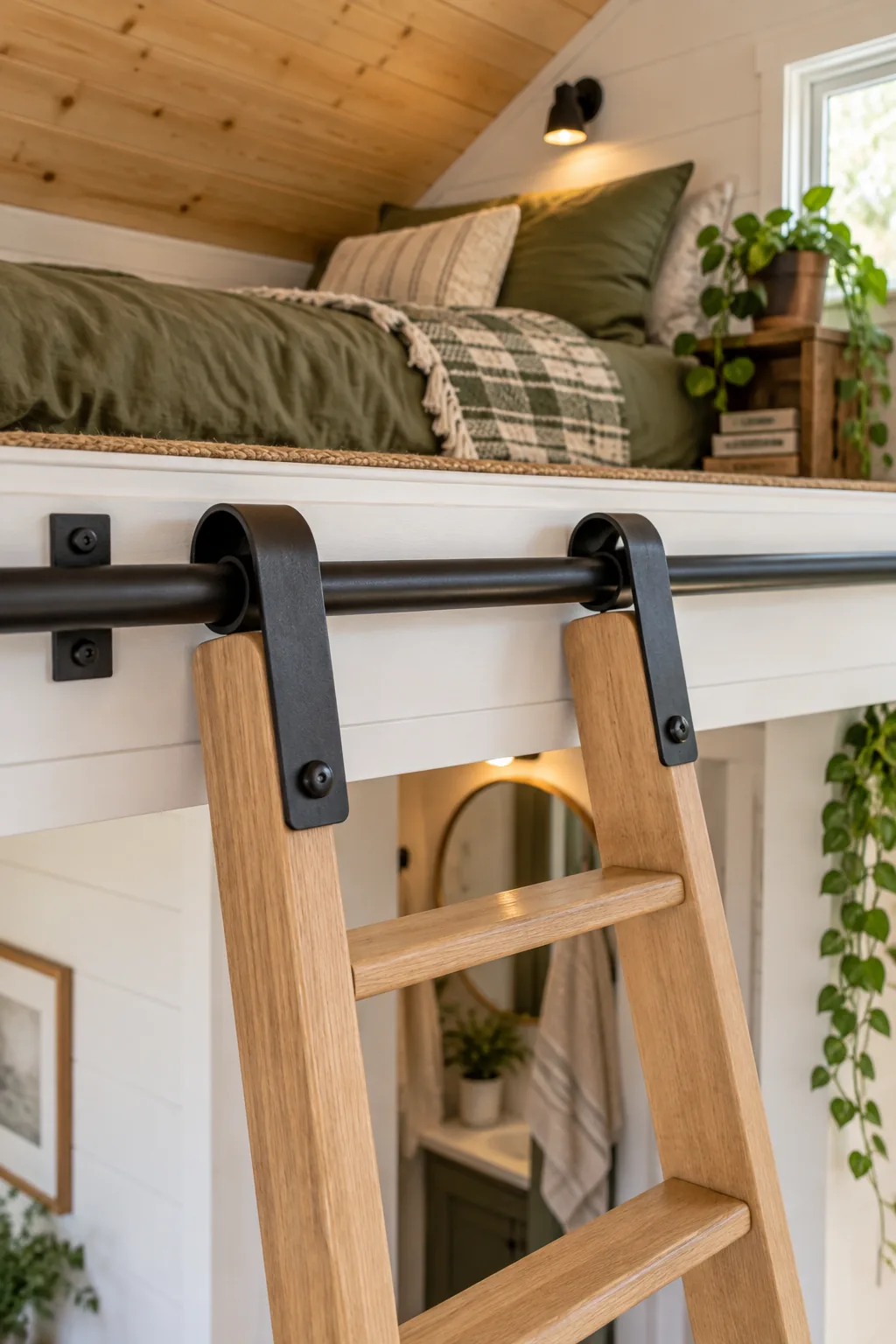 Matte black metal hooks of a wooden ladder resting on a steel rail attached to a loft edge.