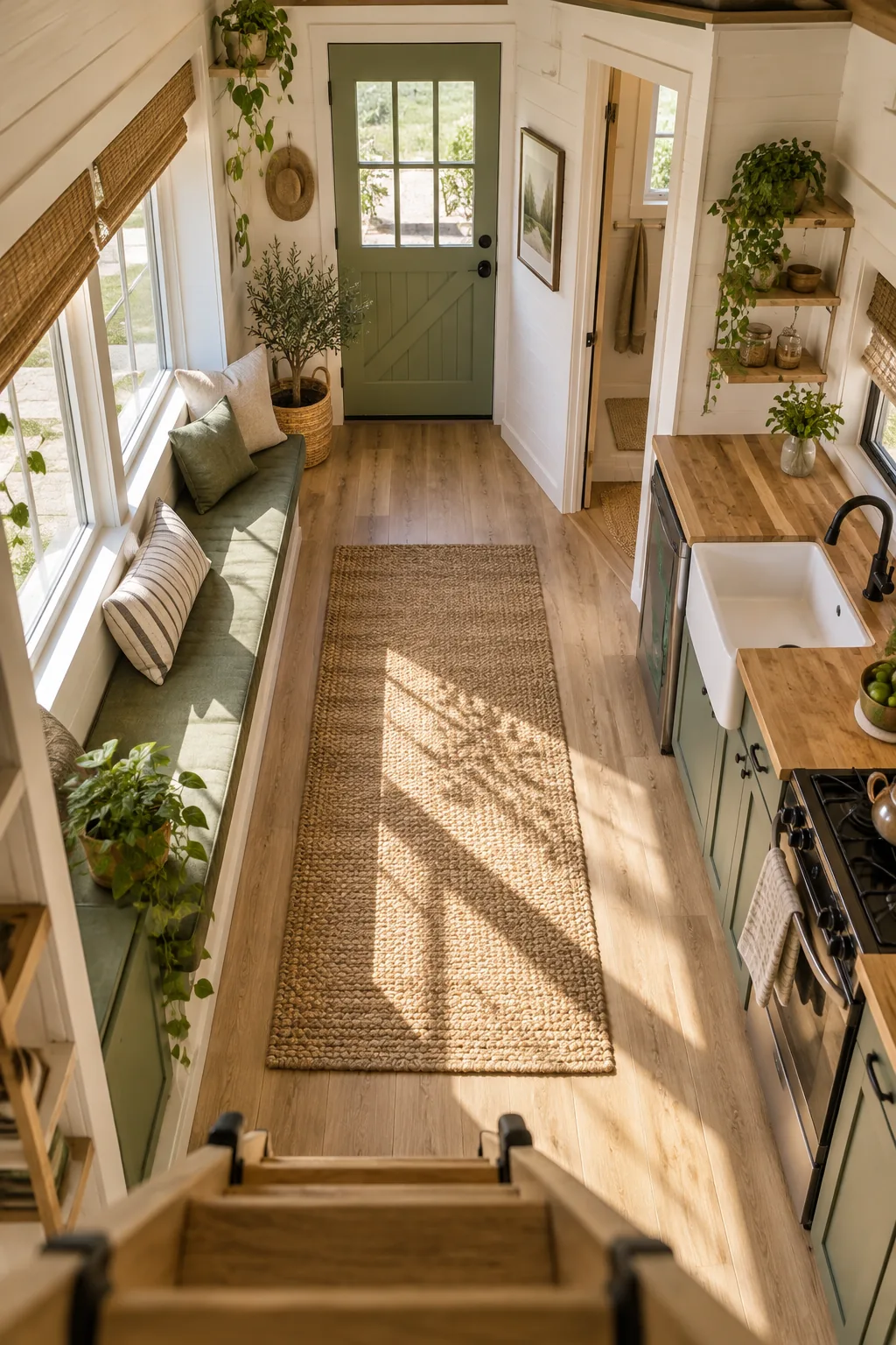 A cozy sleeping loft with a bed dressed in olive green linens under a vaulted wooden ceiling.