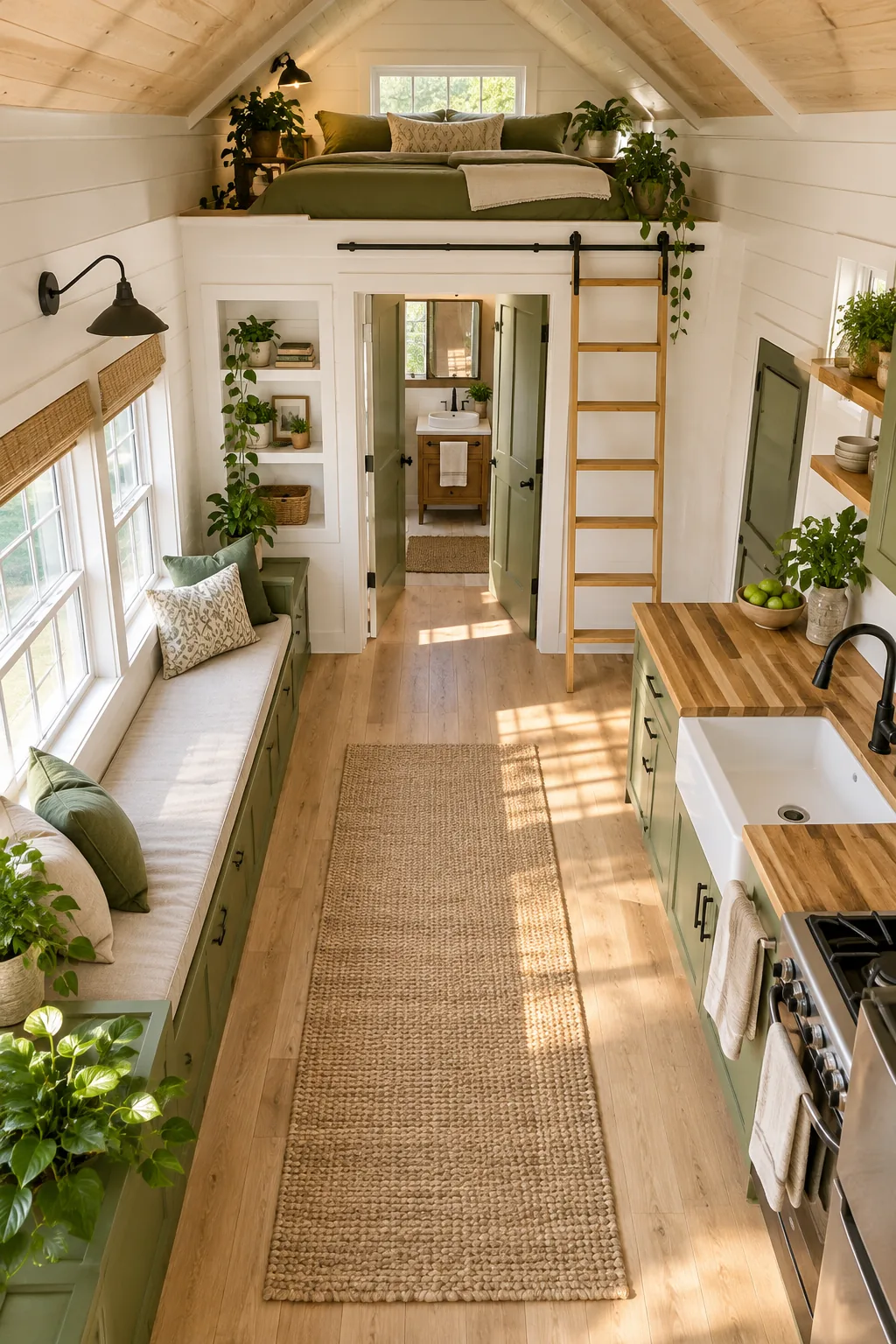 View from a loft looking down at a central walkway with a jute rug, flanked by a window bench and kitchen counters.