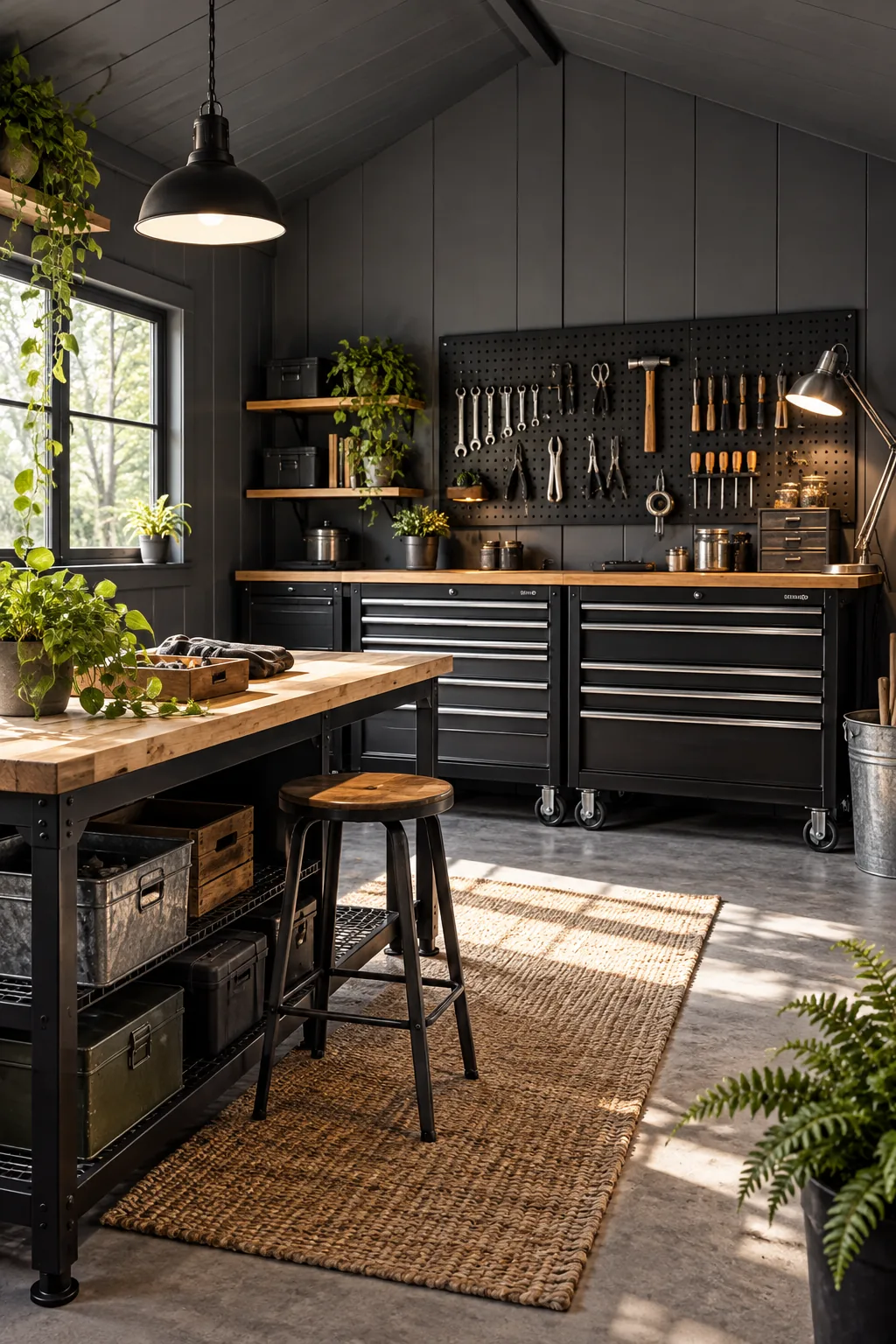 Workshop interior with slate grey plywood walls, black pegboard, and metal tool chests.