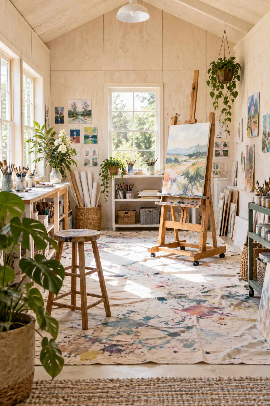 Art studio interior with whitewashed plywood walls, a wooden easel, and a paint-splattered floor.