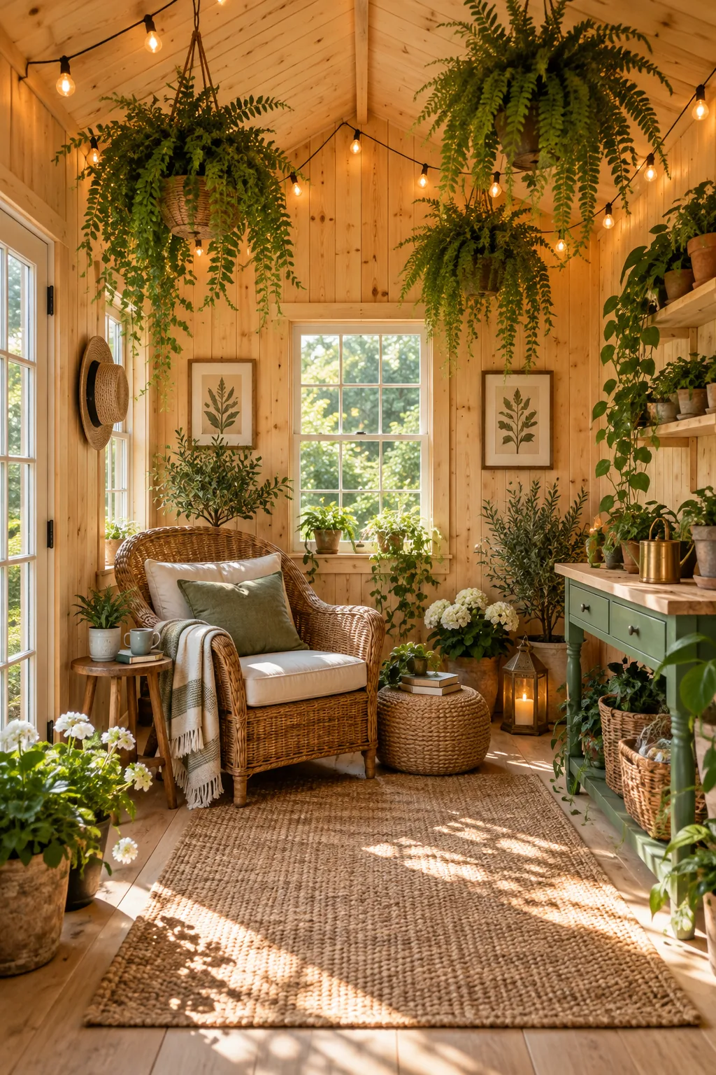 Cozy garden retreat with clear-coated natural pine plywood walls, a wicker chair, and hanging ferns.