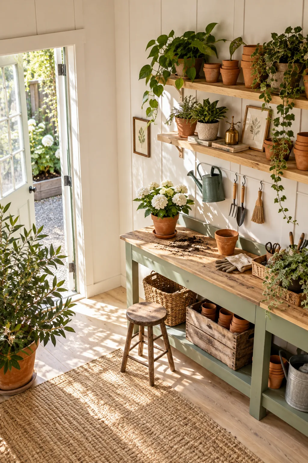Close-up of smooth, white-painted plywood wall texture illuminated by sunlight, with a green houseplant in the foreground.