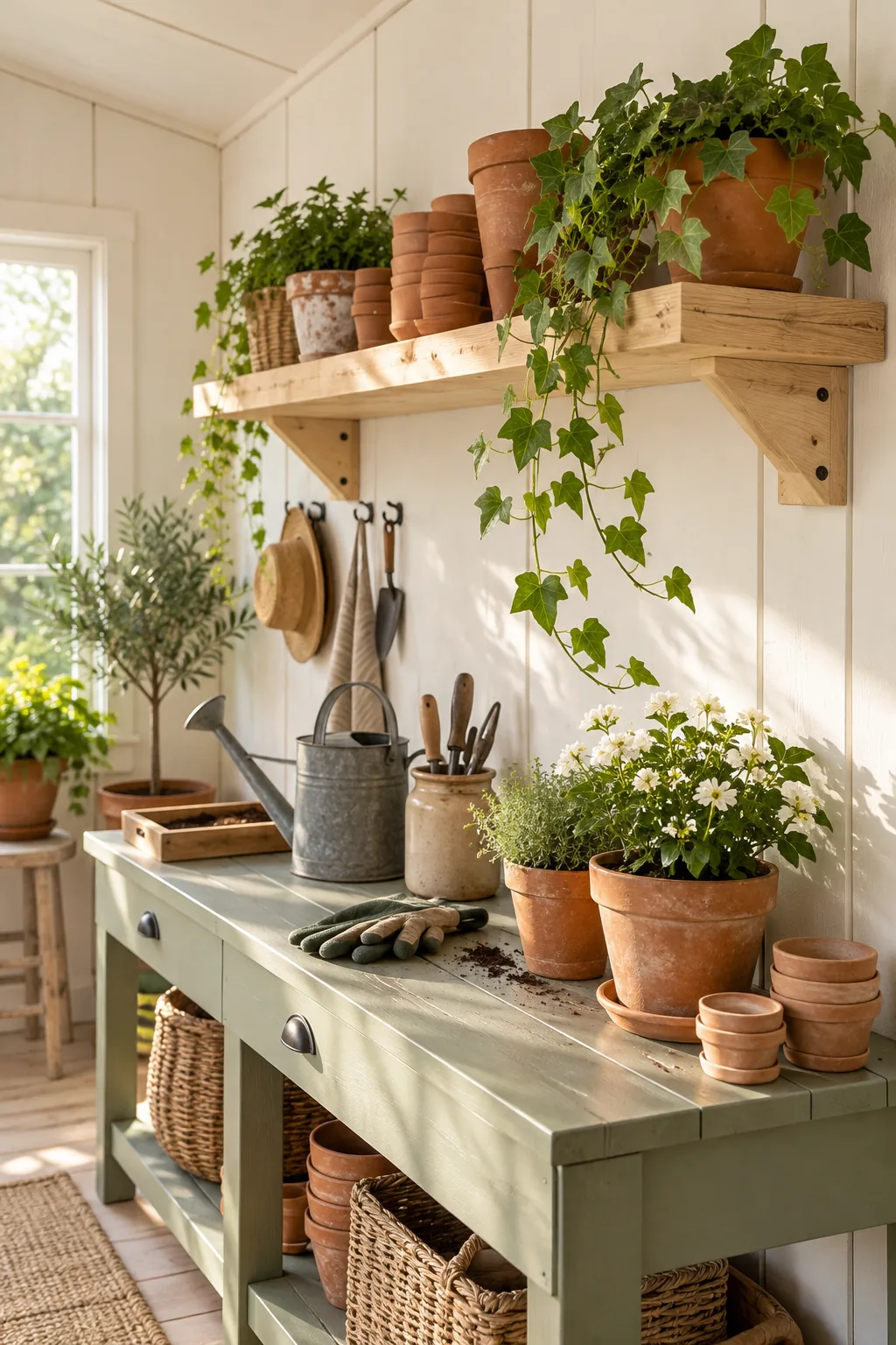 Heavy wooden shelf filled with terracotta pots mounted securely to a white plywood shed wall.
