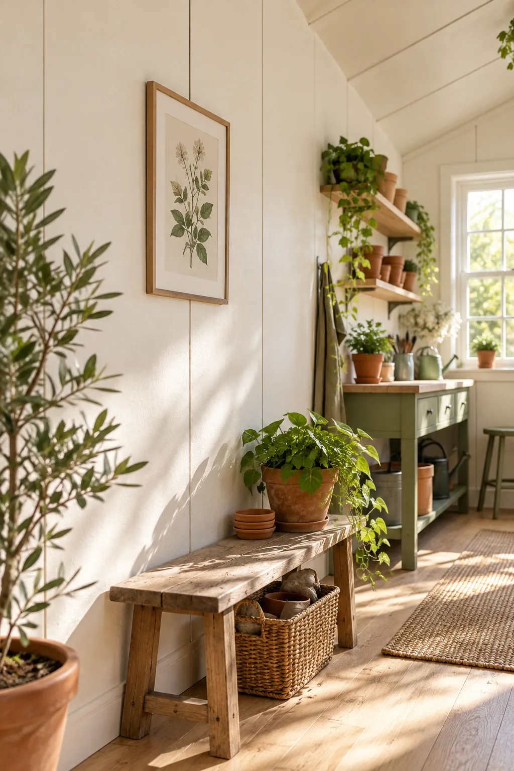View along a white plywood wall showing clean, painted vertical seams leading toward a bright window.