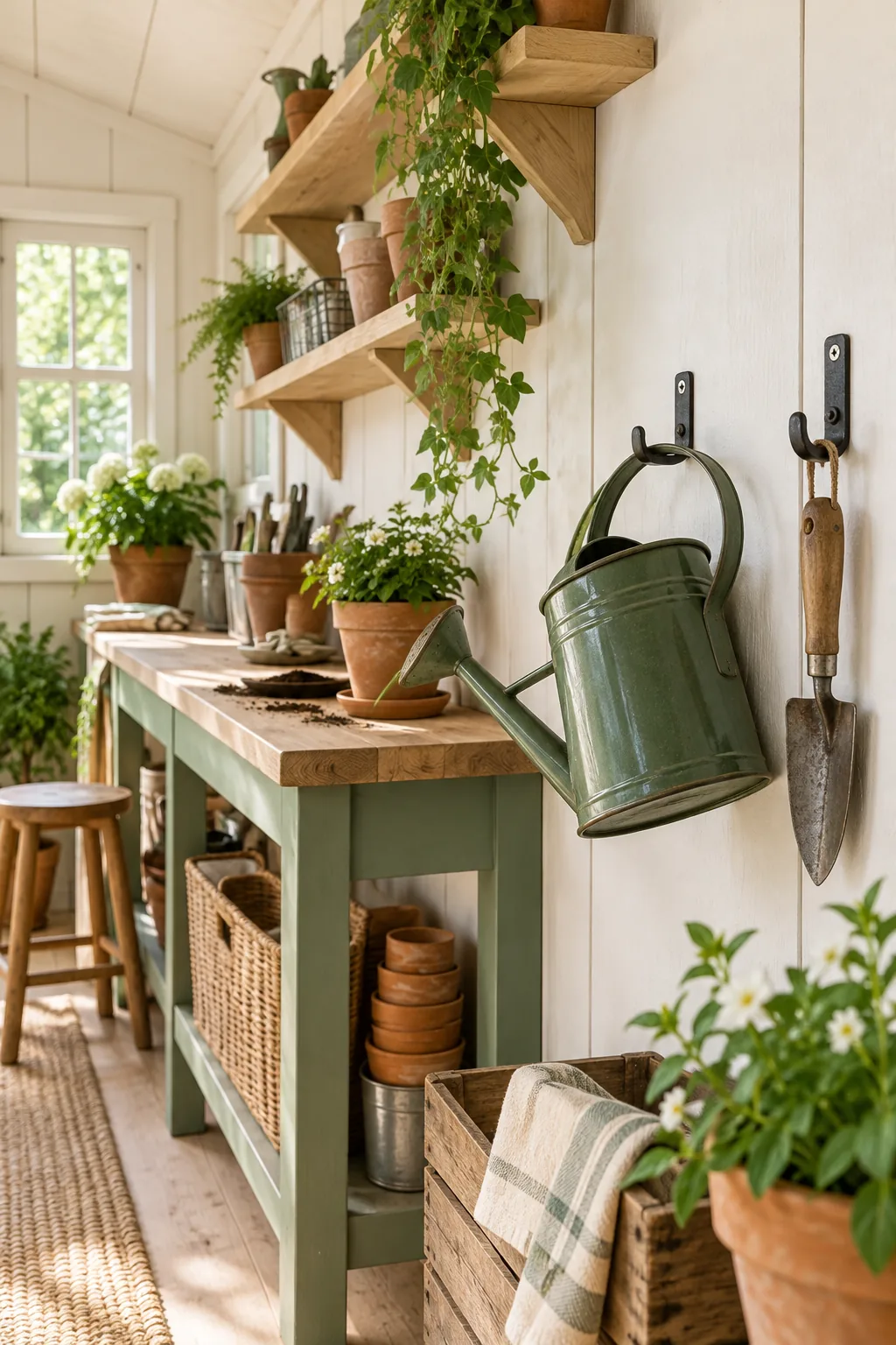 Iron hooks holding a watering can and garden tools screwed directly into a white plywood wall.