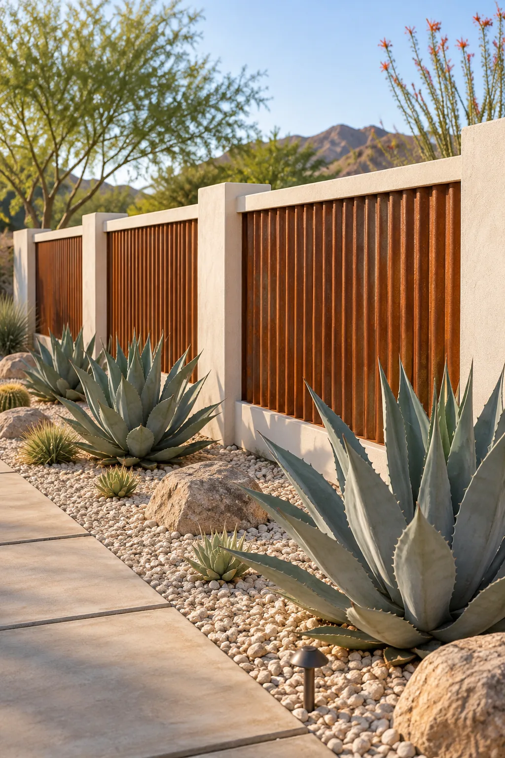 A modern desert fence made of rusted Corten steel corrugated panels framed in pale stucco, with agave plants.