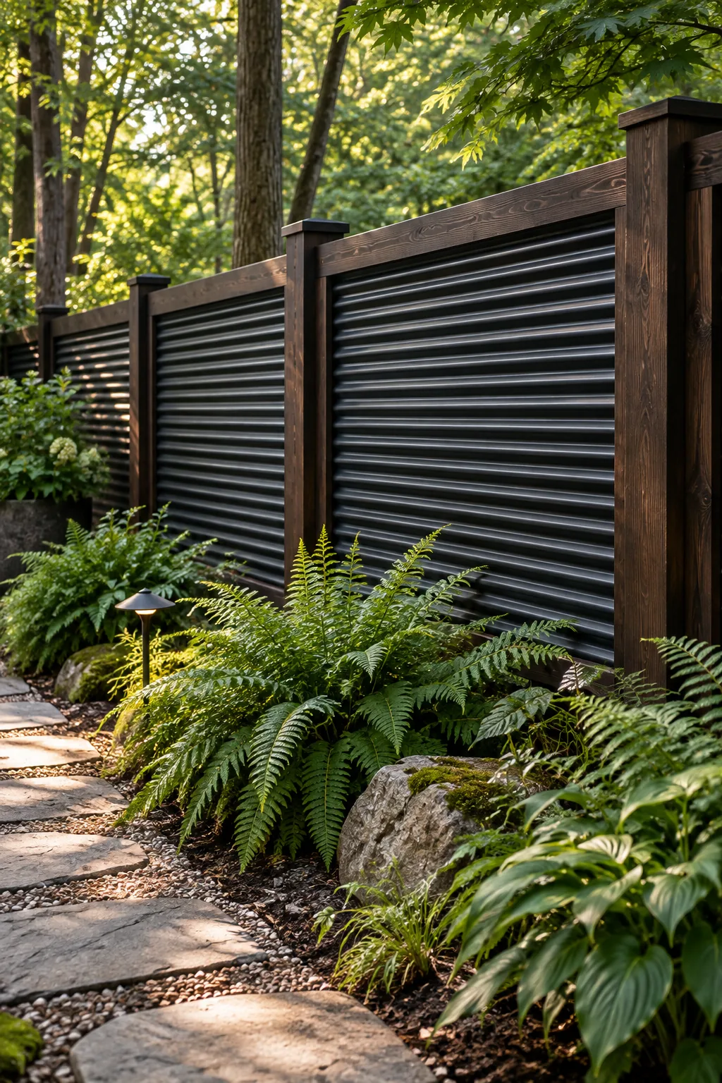 A moody fence featuring matte black corrugated metal panels framed in dark stained cedar, surrounded by ferns.