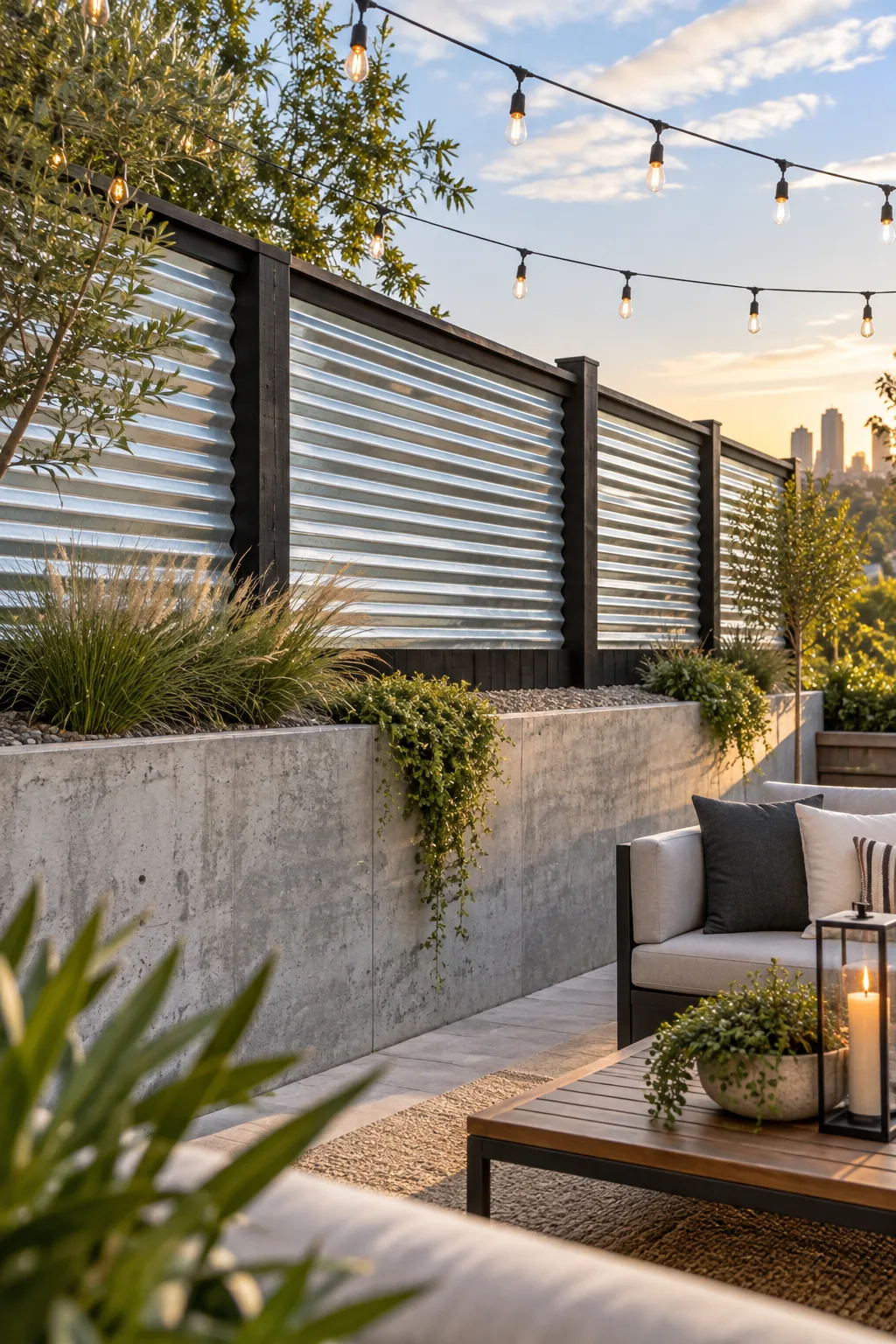 An urban industrial fence with bright galvanized steel panels framed in black wood atop a concrete wall.