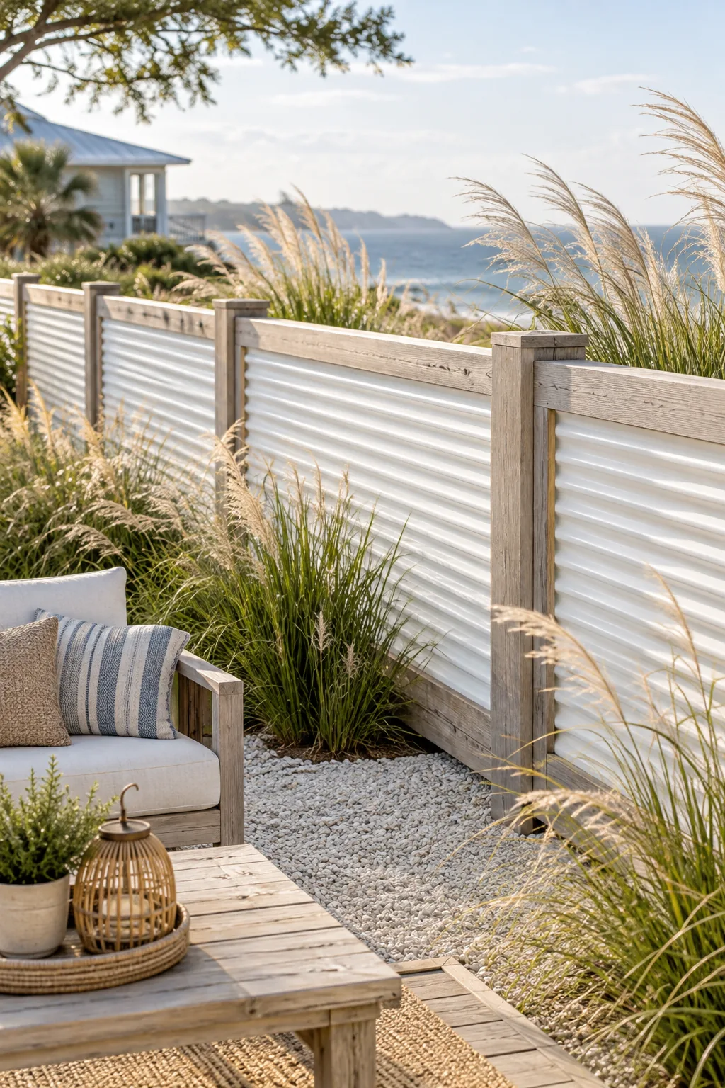 A coastal fence featuring white painted corrugated metal panels framed in bleached wood, with ornamental grasses.