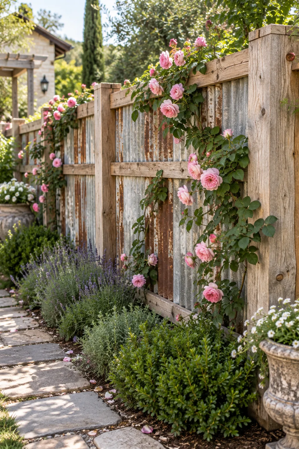 A rustic farmhouse fence made of reclaimed tin panels in a rough-sawn pine frame, with climbing roses.