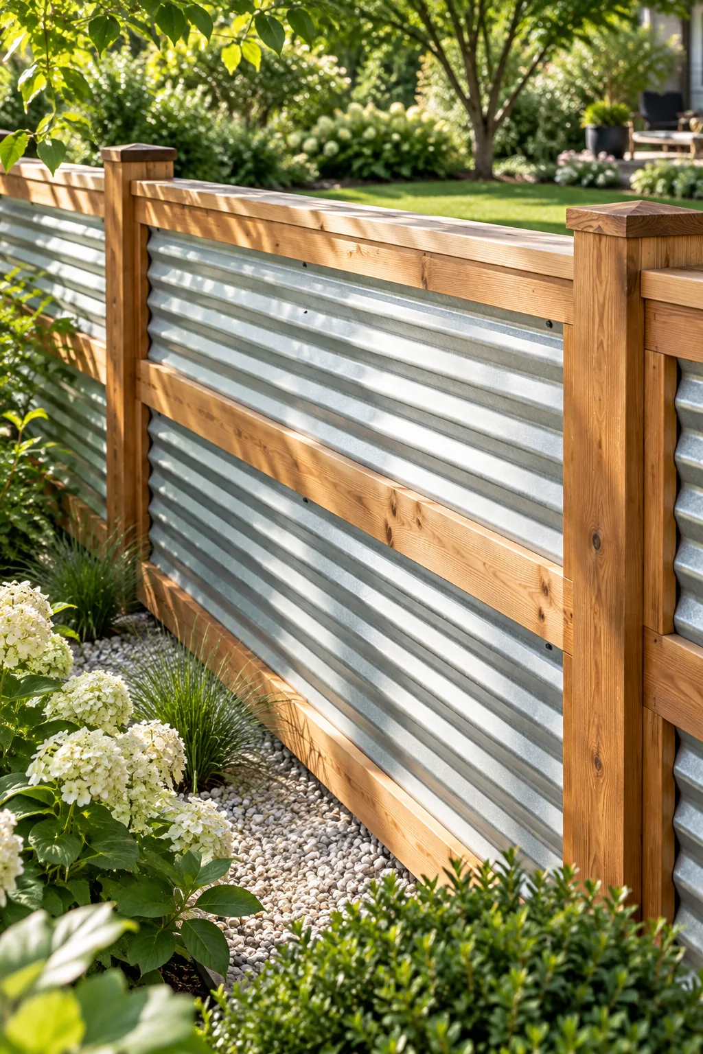 Close-up of a rigid, dent-free corrugated galvalume metal fence panel shining in the sunlight.