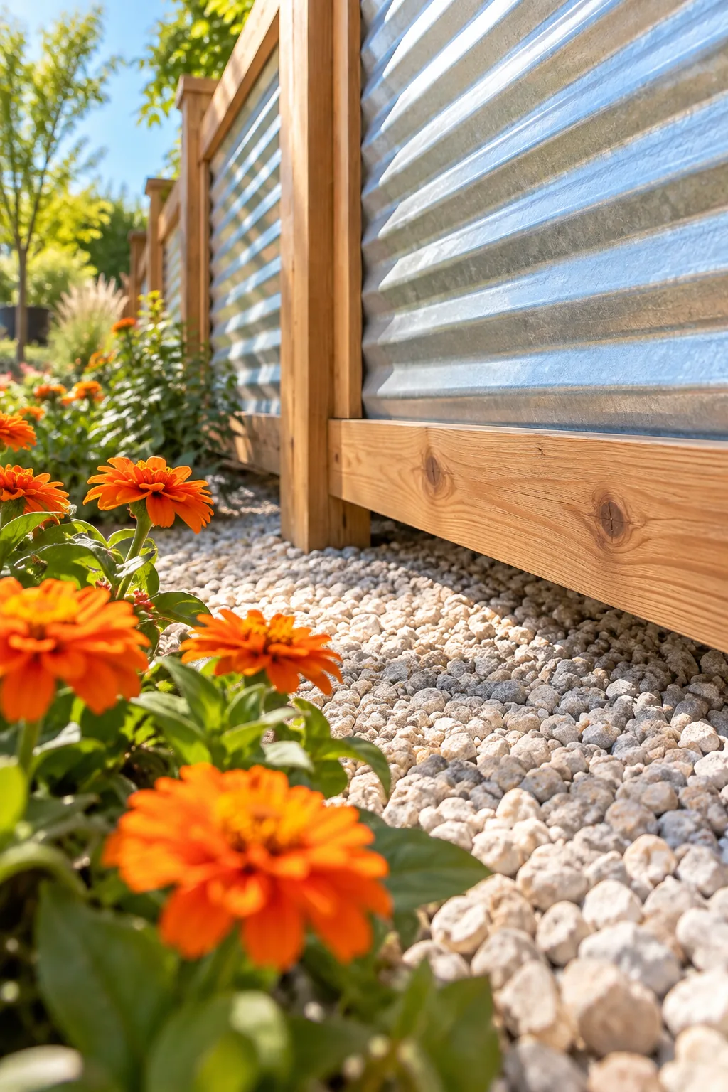 A two-inch gap separating the bottom wooden rail of a fence from a bed of pale gravel.