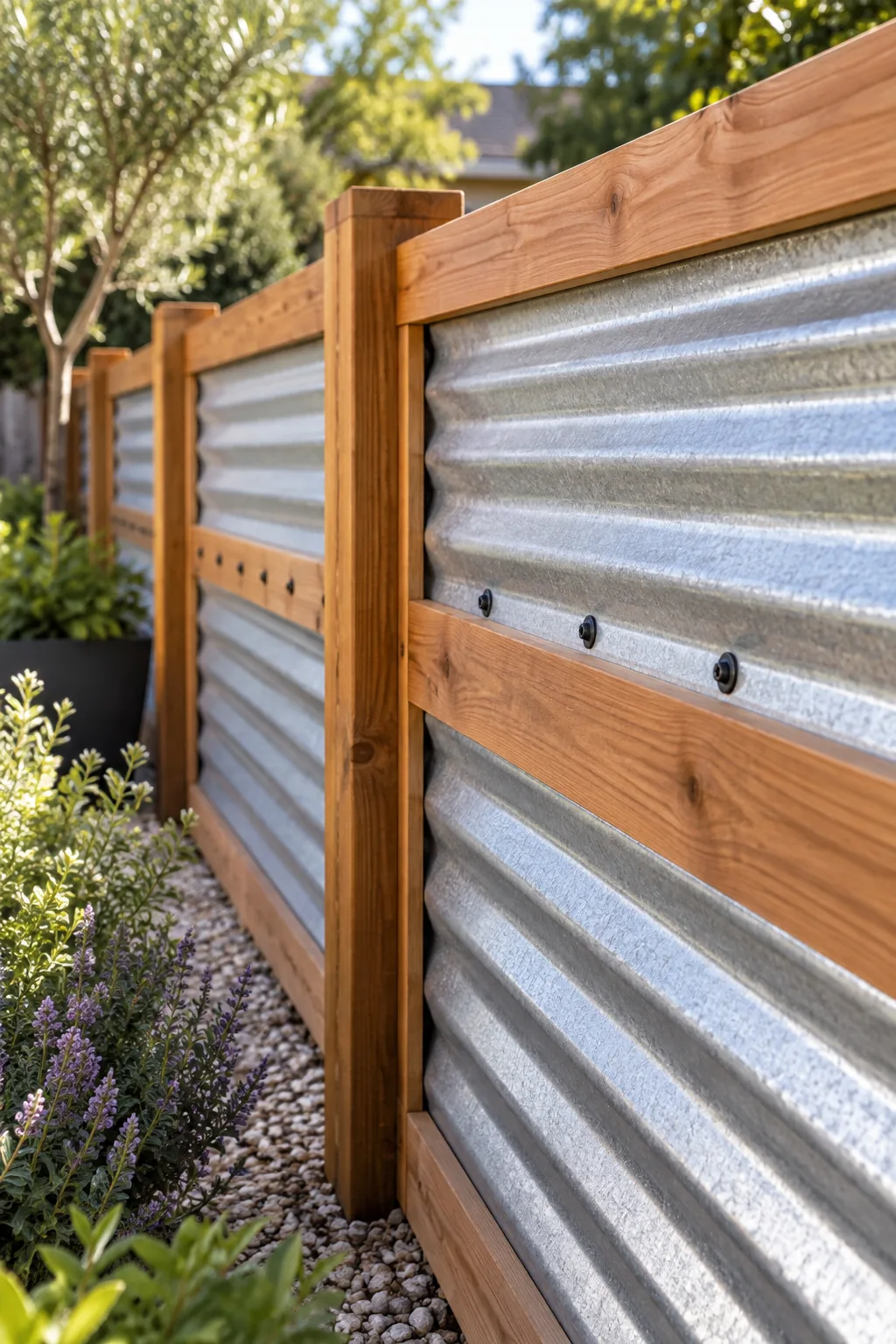 Detail of corrugated metal sandwiched between two thin strips of cedar wood attached to a larger fence post.