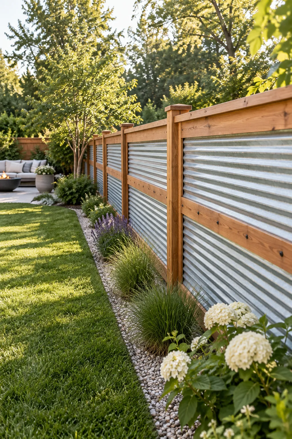 Black screws fastened into the flat valleys of a corrugated metal sheet attached to a wooden rail.