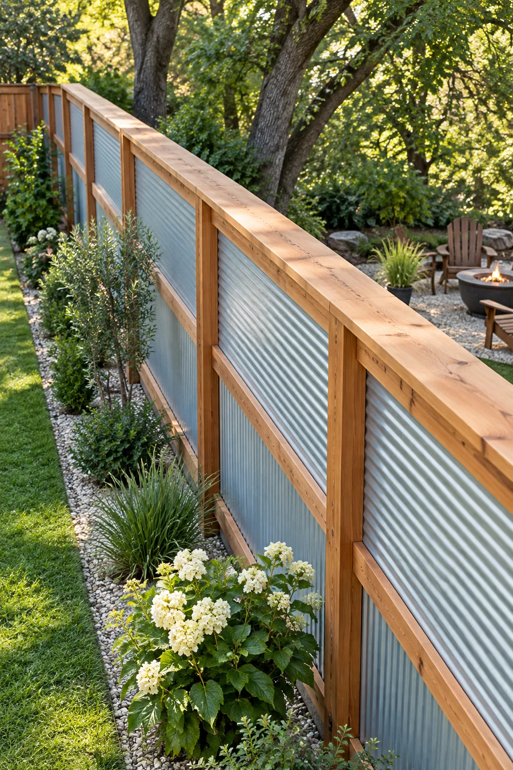 A flat cedar wood cap rail running continuously along the top of a corrugated metal fence.