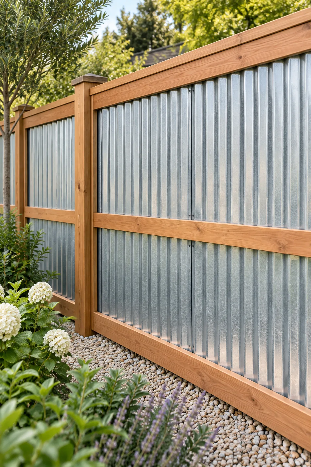 A nearly invisible vertical seam where two sheets of corrugated metal overlap on a fence.