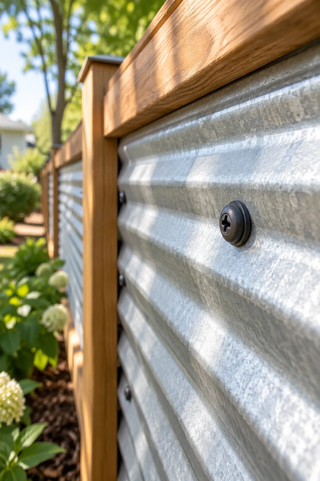 Close-up of a black screw with a rubber washer fastened into silver corrugated metal.