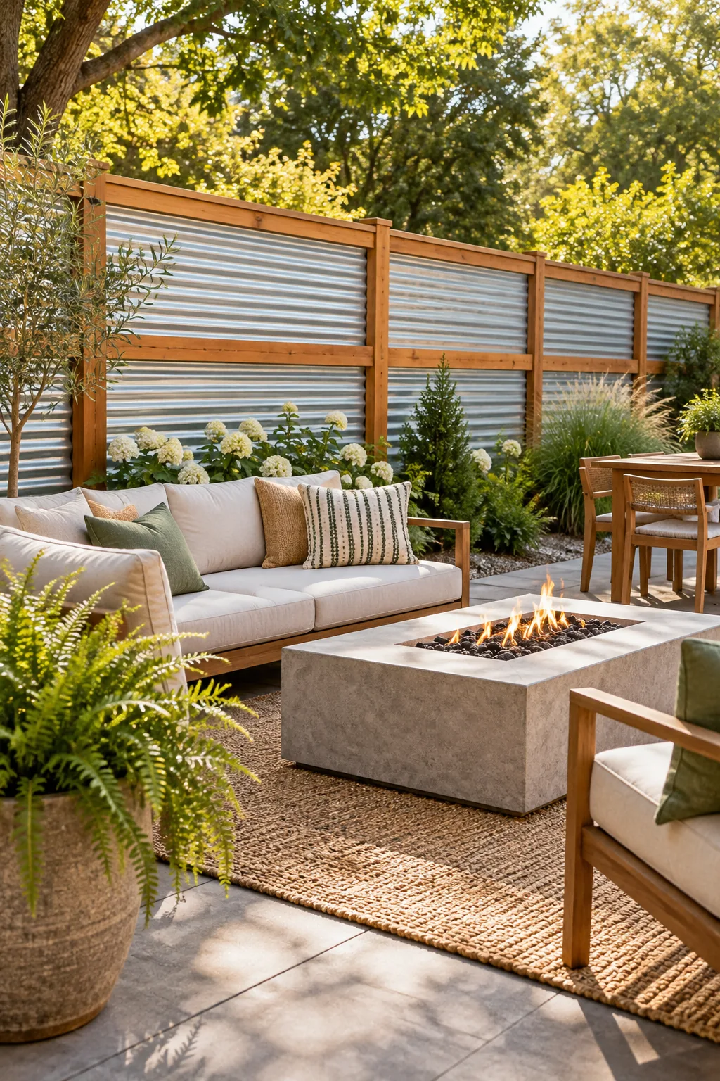 A completed framed sheet metal fence serving as a backdrop for a stylish backyard patio with outdoor seating.